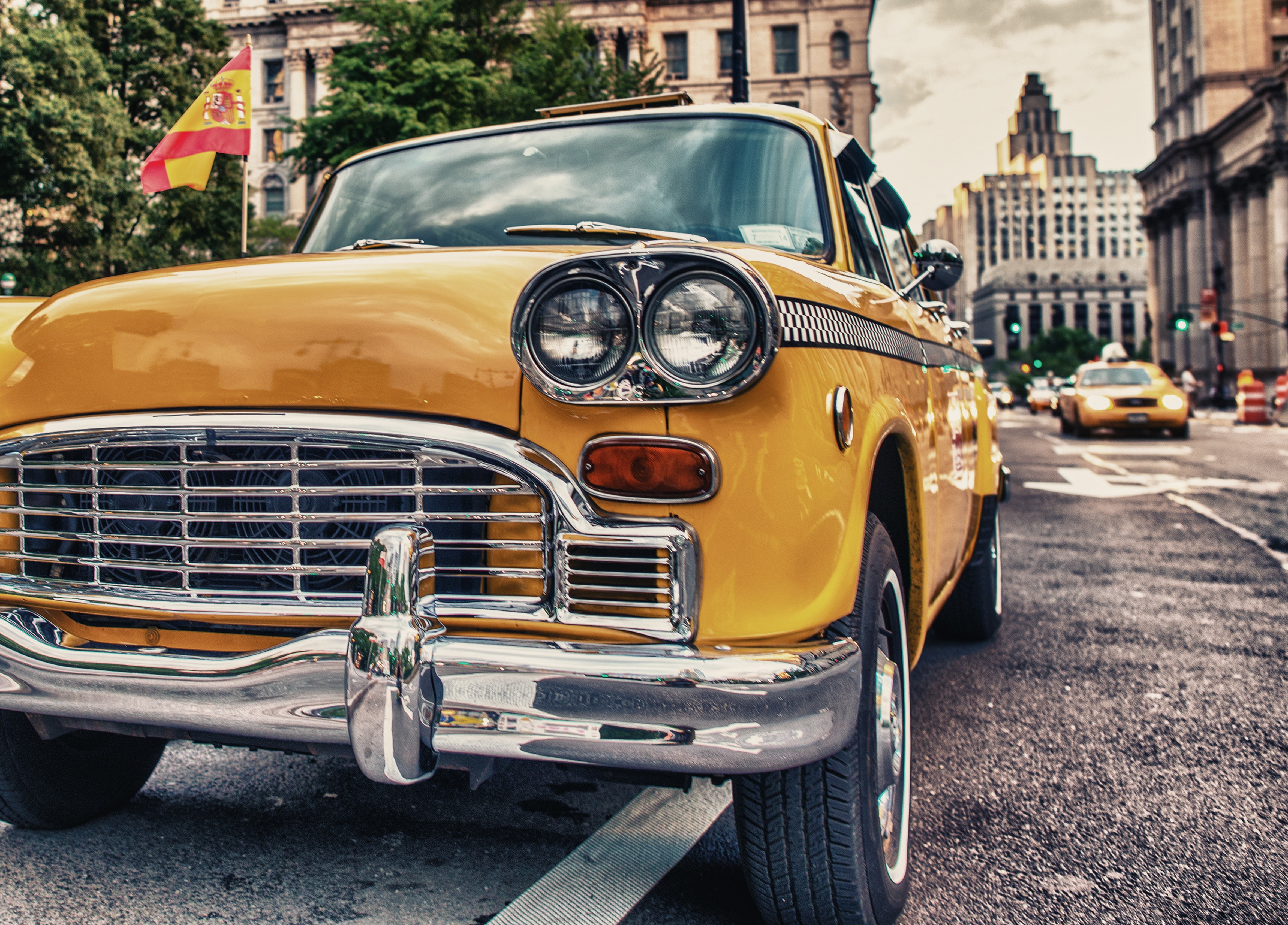 city, car, taxi, retro, 4K, road, HD Wallpaper