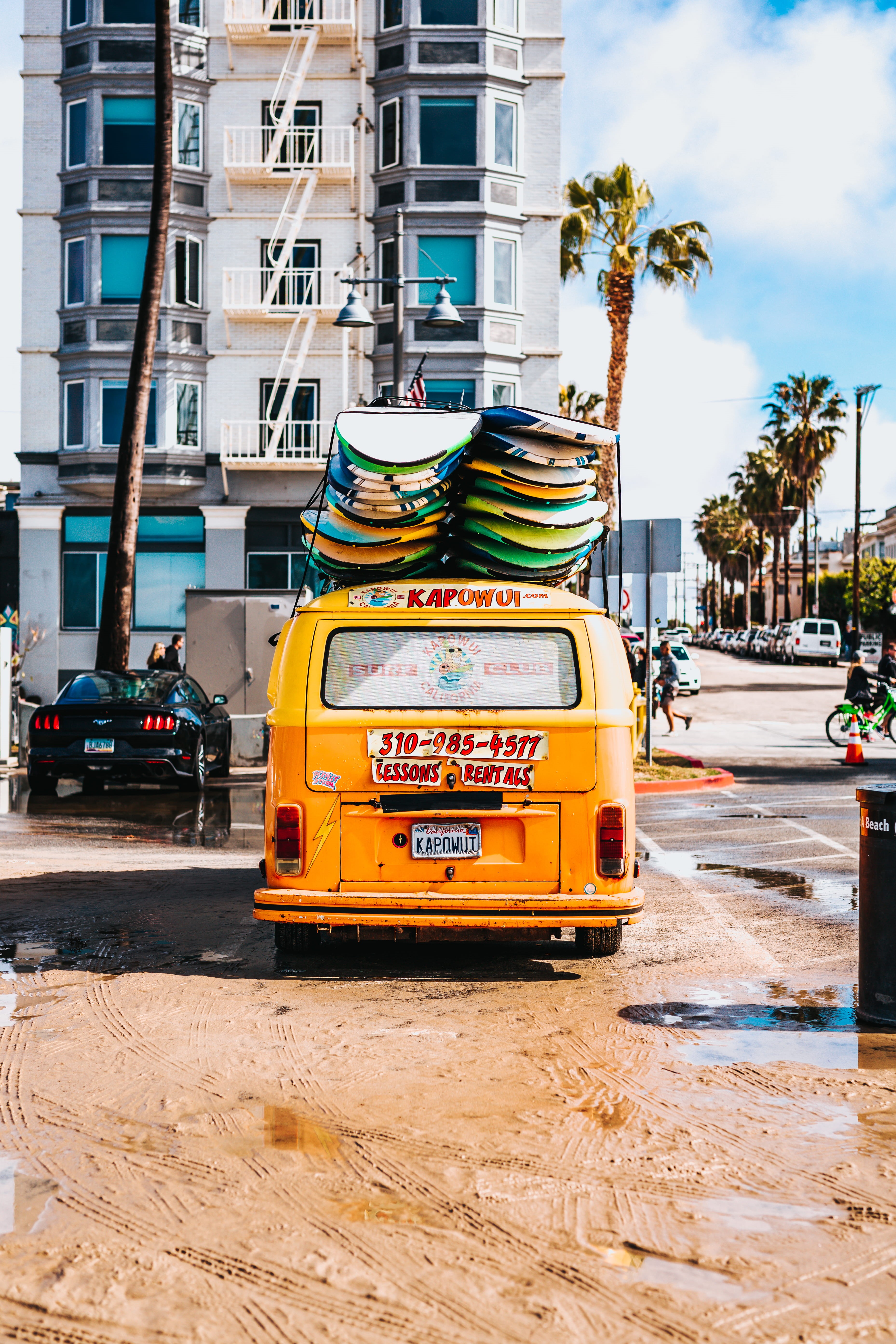 mode of transportation, surfboard, building exterior, nature, surfboards, built structure, incidental people, street, surf board, kombi, land vehicle, rain, Phone HD Wallpaper