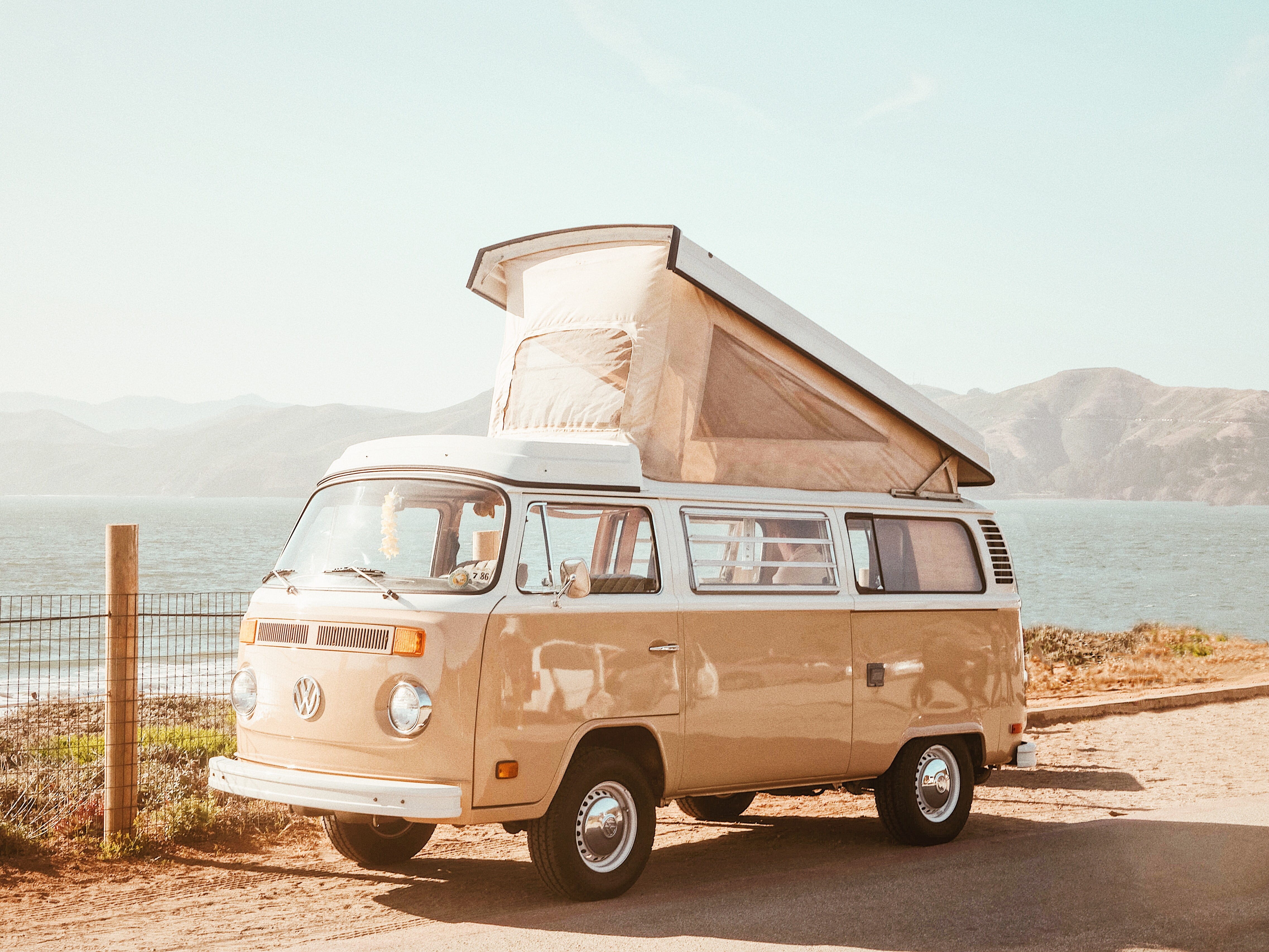 vintage, car, explore, sea, men, westfalia, water, 4K, volkswagen, t, bright, road, outdoors, van, discover, wanderlust, land vehicle, beach, brown, wander, HD Wallpaper