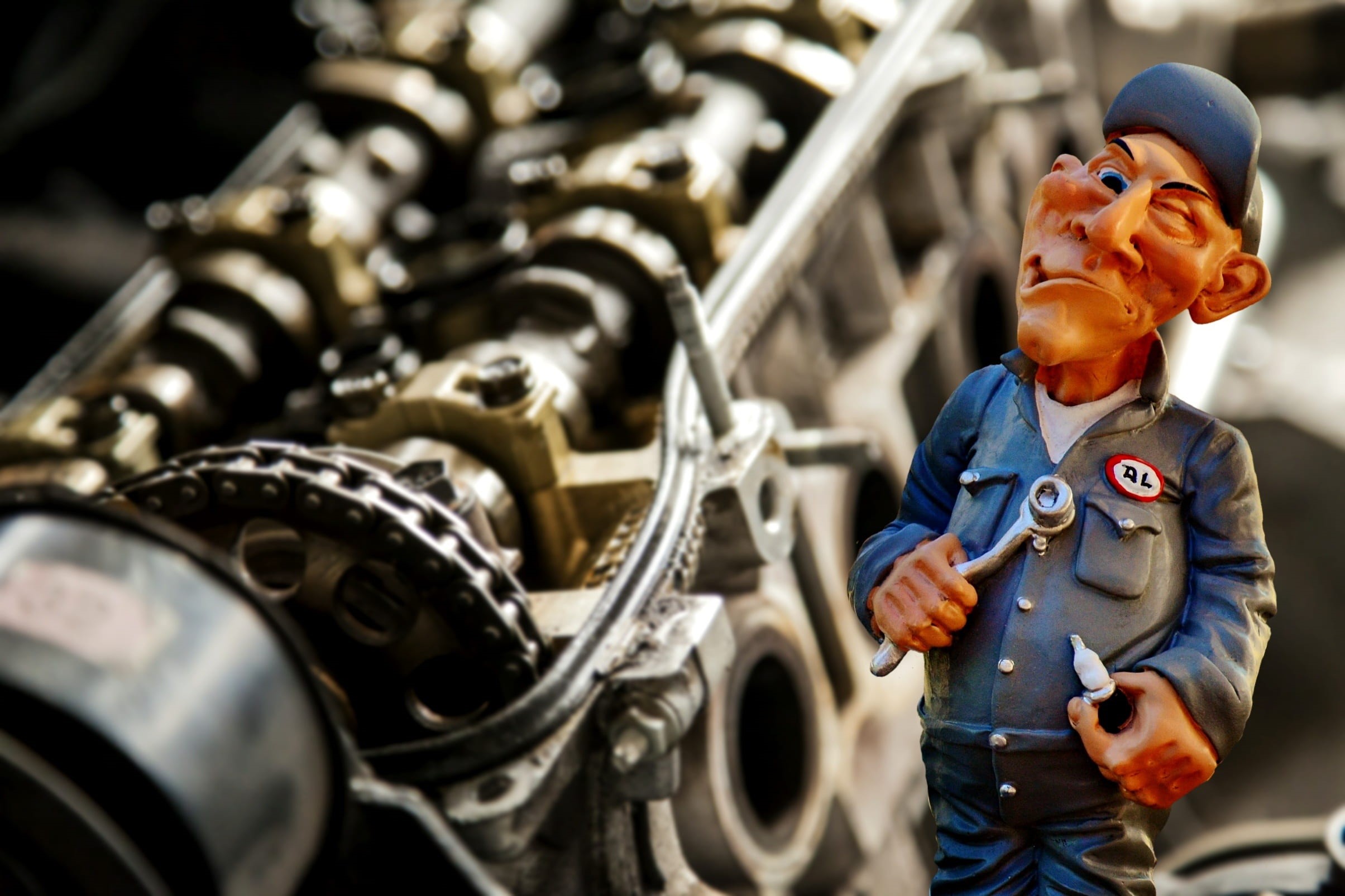 adult, camshaft, repair, timing chain, machinery, headwear, tool, 1080P, males, standing, helmet, selective, occupation, figurine, human representation, HD Wallpaper