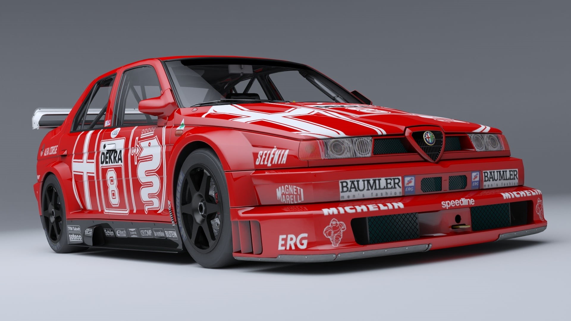 people, red, indoors, alfa romeo 155, speed, v6 car, dtm, sport, gray, transportation, colored background, auto racing, studio shot, protection, 1080P, HD Wallpaper