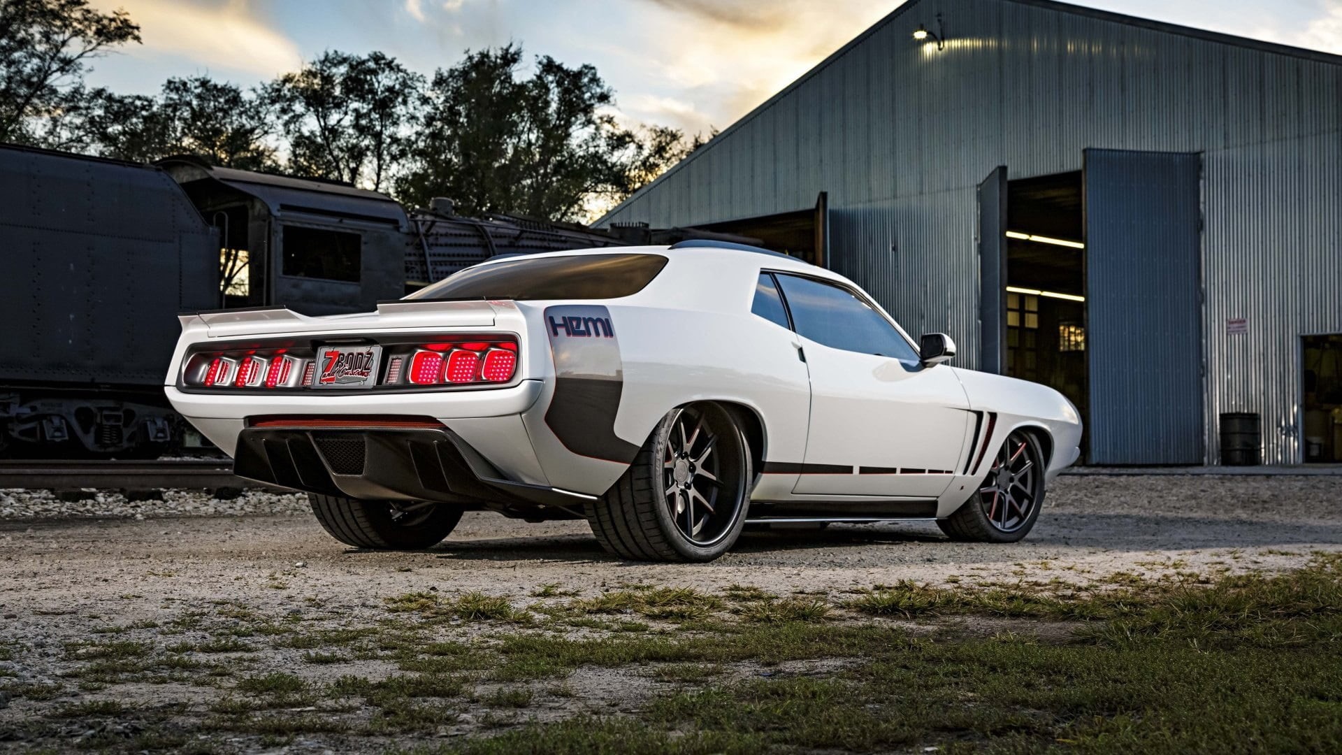 outdoors, cloud - sky, building exterior, text, wheel, nature, transportation, land vehicle, plymouth barracuda, stationary, mode of transportation, white car, HD Wallpaper