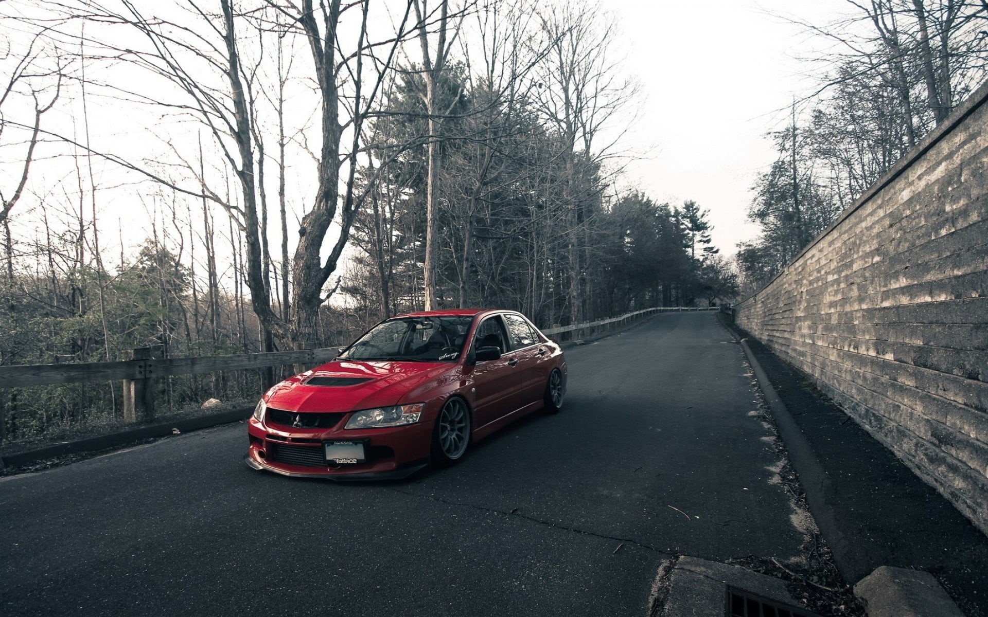 day, building exterior, Mitsubishi Lancer, the way forward, bare tree, red, land vehicle, Stance, sedan, motor vehicle, city, mode of transportation, built structure, HD Wallpaper