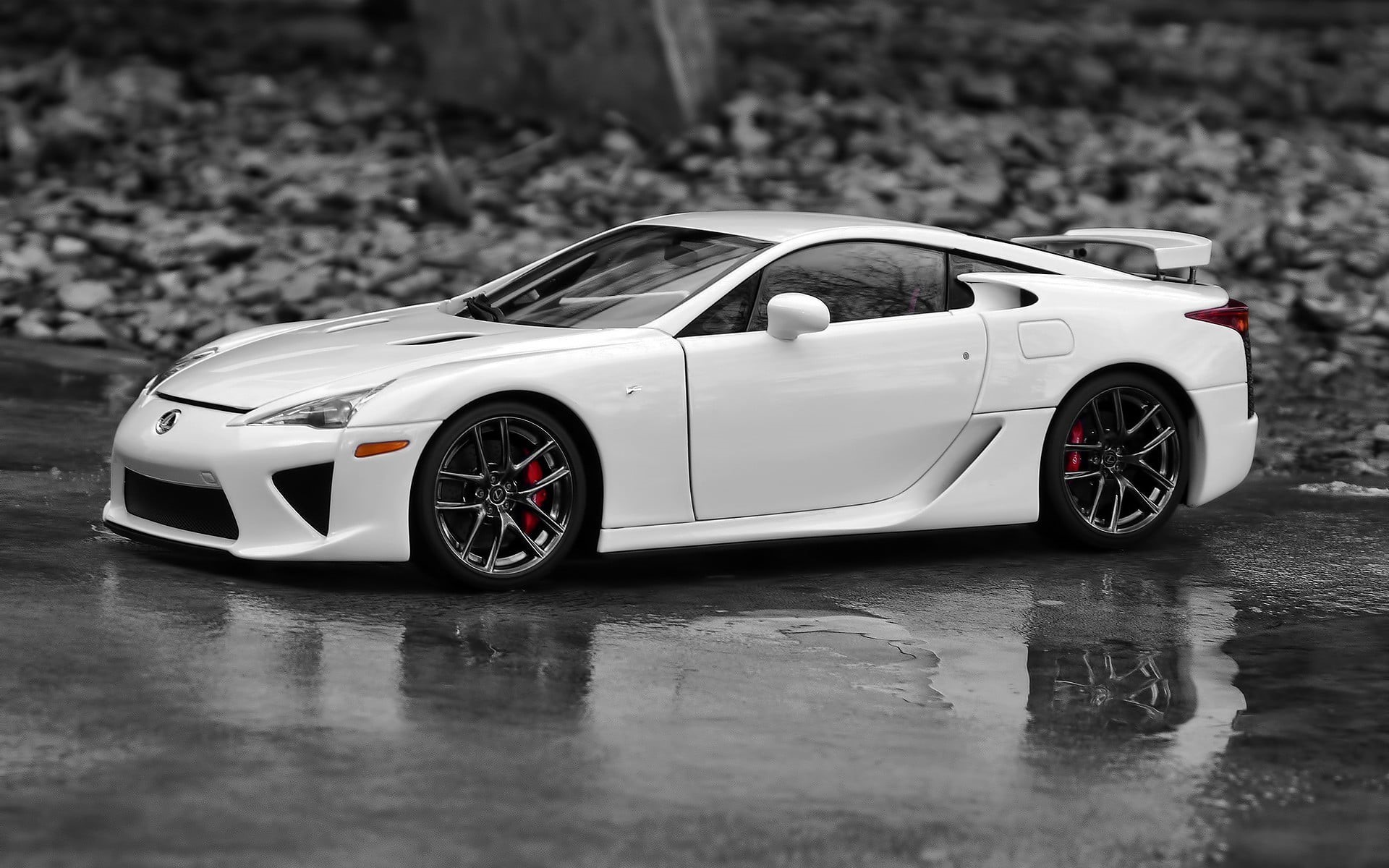 mode of transportation, table, reflection, sedan, selective focus, toy car, white cars, wealth, sports car, white, Lexus LFA, wheel, outdoors, transportation, HD Wallpaper