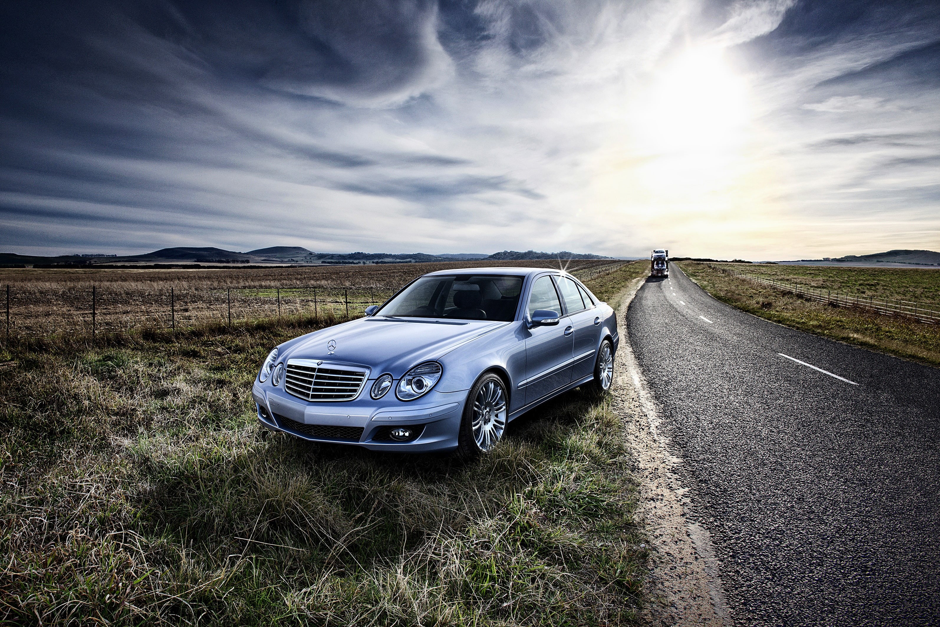 W211, Mercedes-Benz, Mercedes, road, 2K, field, E-Class, HD Wallpaper