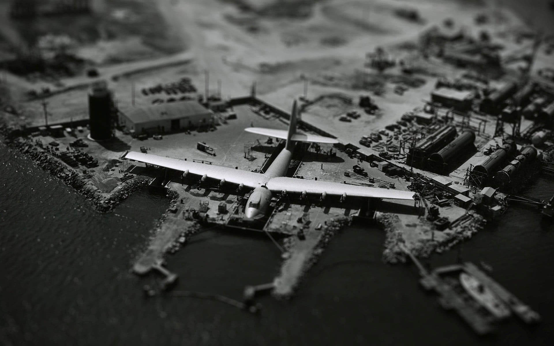 macro, 1080P, abandoned, tilt shift, destruction, damaged, outdoors, built structure, high angle view, aircraft, Hughes HK-1 Hercules, airline, close-up, HD Wallpaper