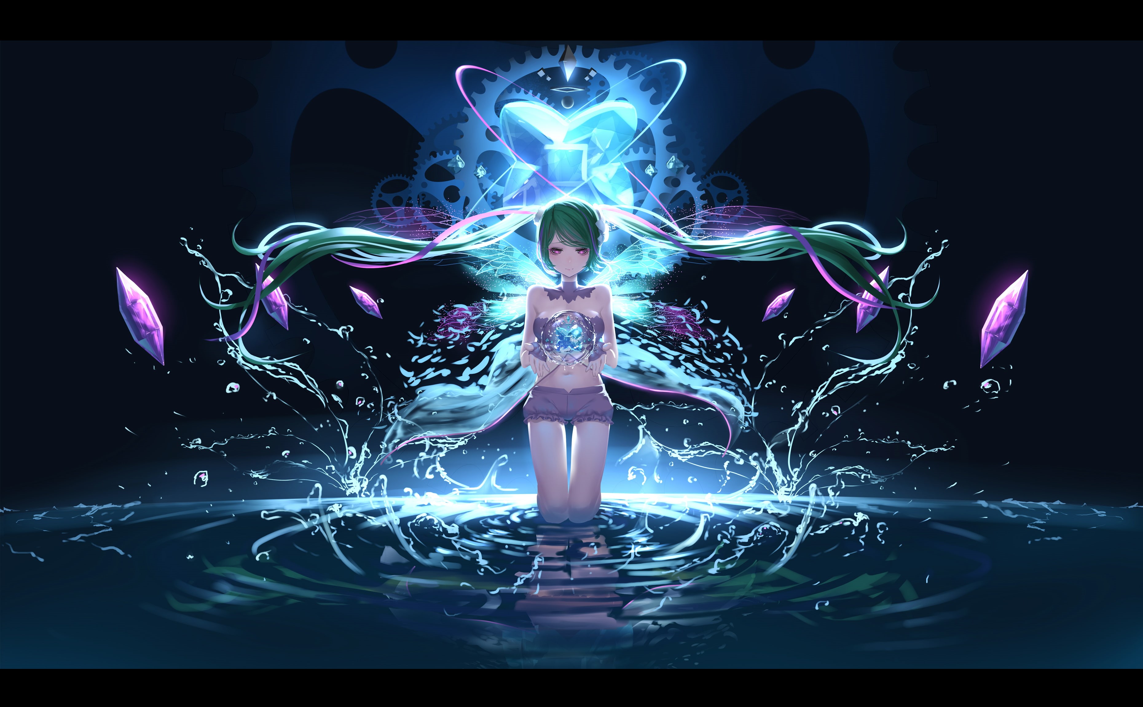 technology, indoors, water, 2K, Vocaloid, navels, glowing, abstract, aqua hair, standing, one person, bare shoulders, kneeling, Hatsune Miku, studio shot, HD Wallpaper