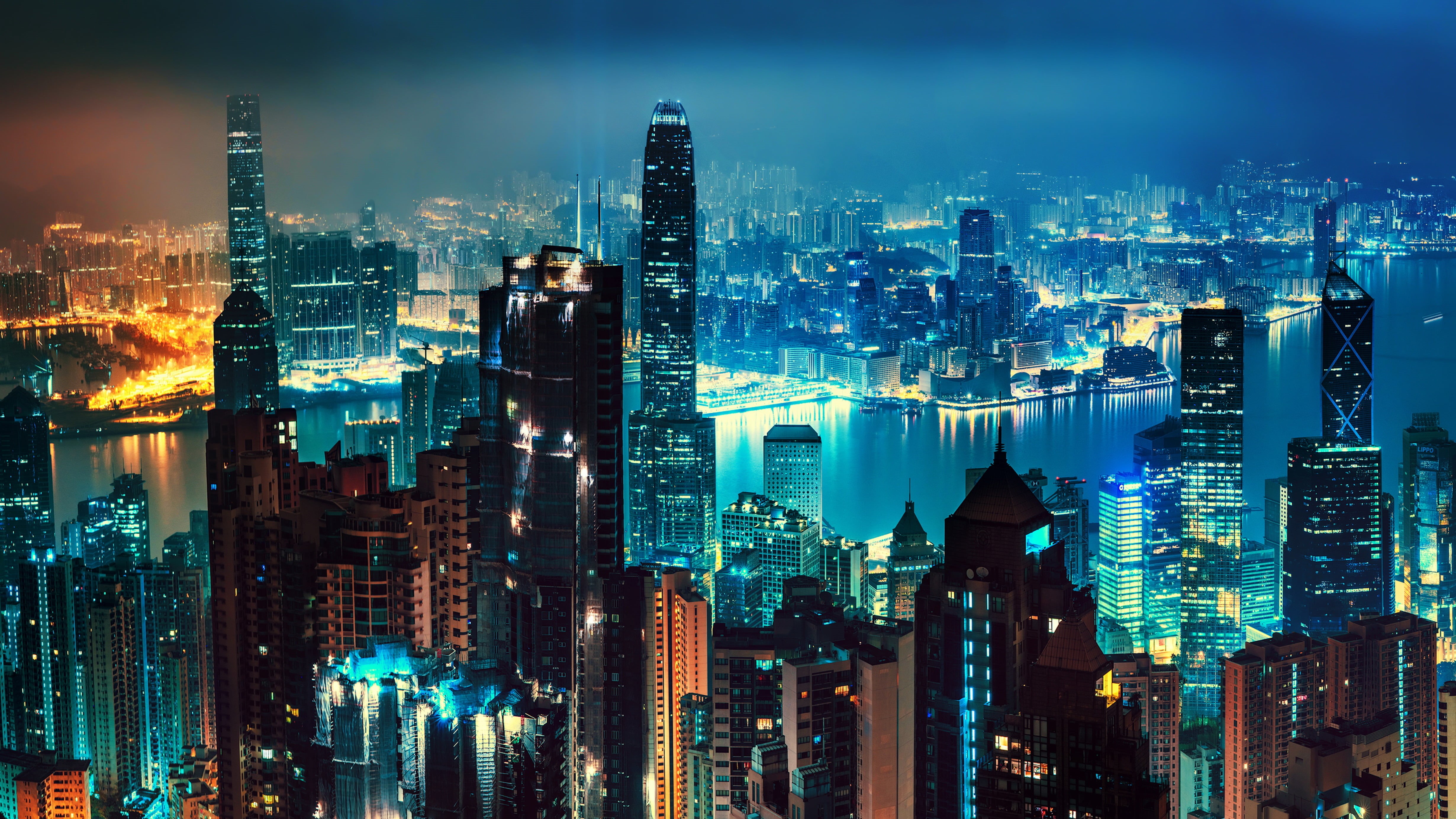 neon Light, urban Scene, outdoors, dusk, building Exterior, office building exterior, harbor, cityscape, the city, hong Kong Island, architecture, night, HD Wallpaper