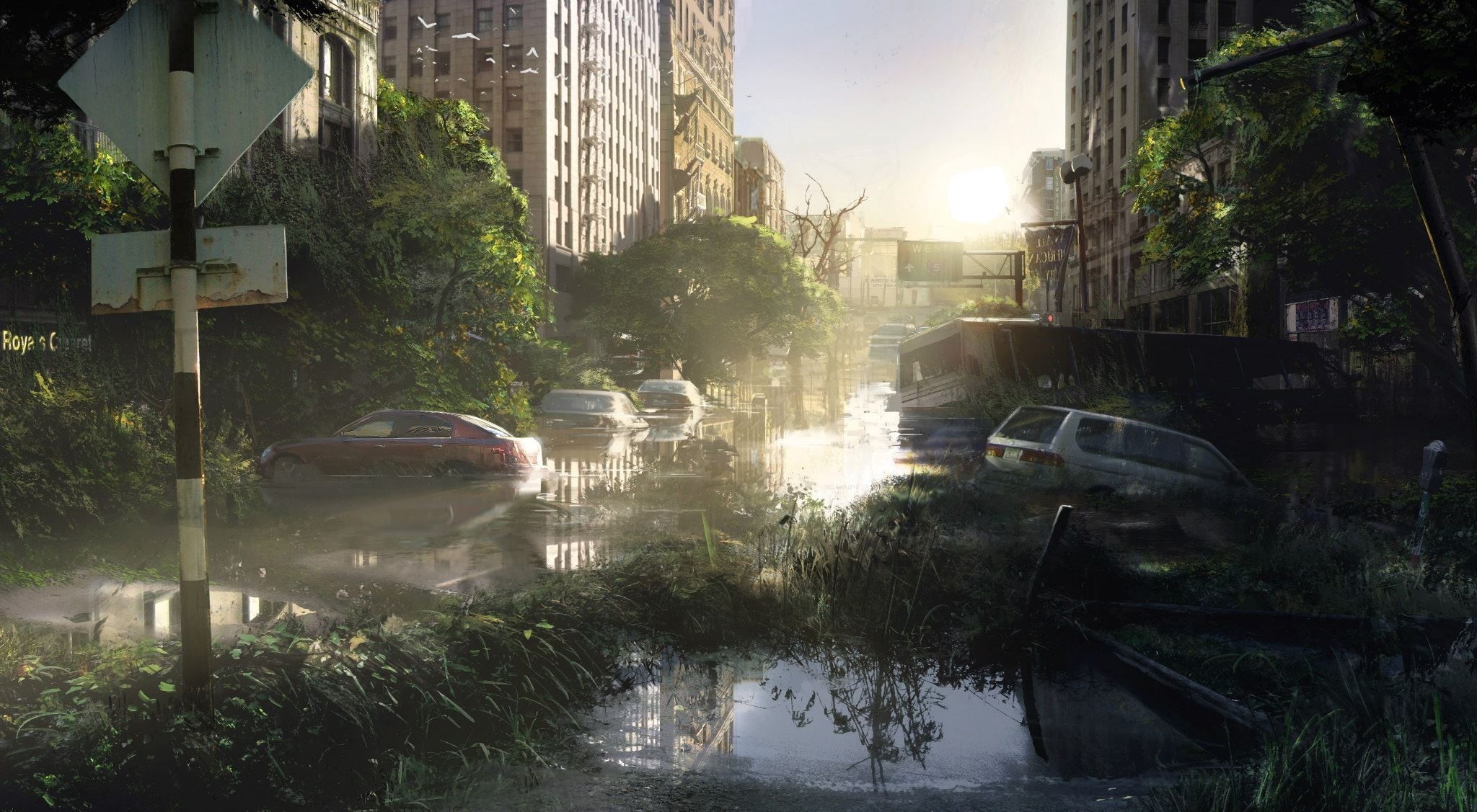 plant, city, no people, built structure, tree, reflection, The Last of Us, nature, land vehicle, sedan, rain, transportation, street, day, sky, canal, sunlight, HD Wallpaper