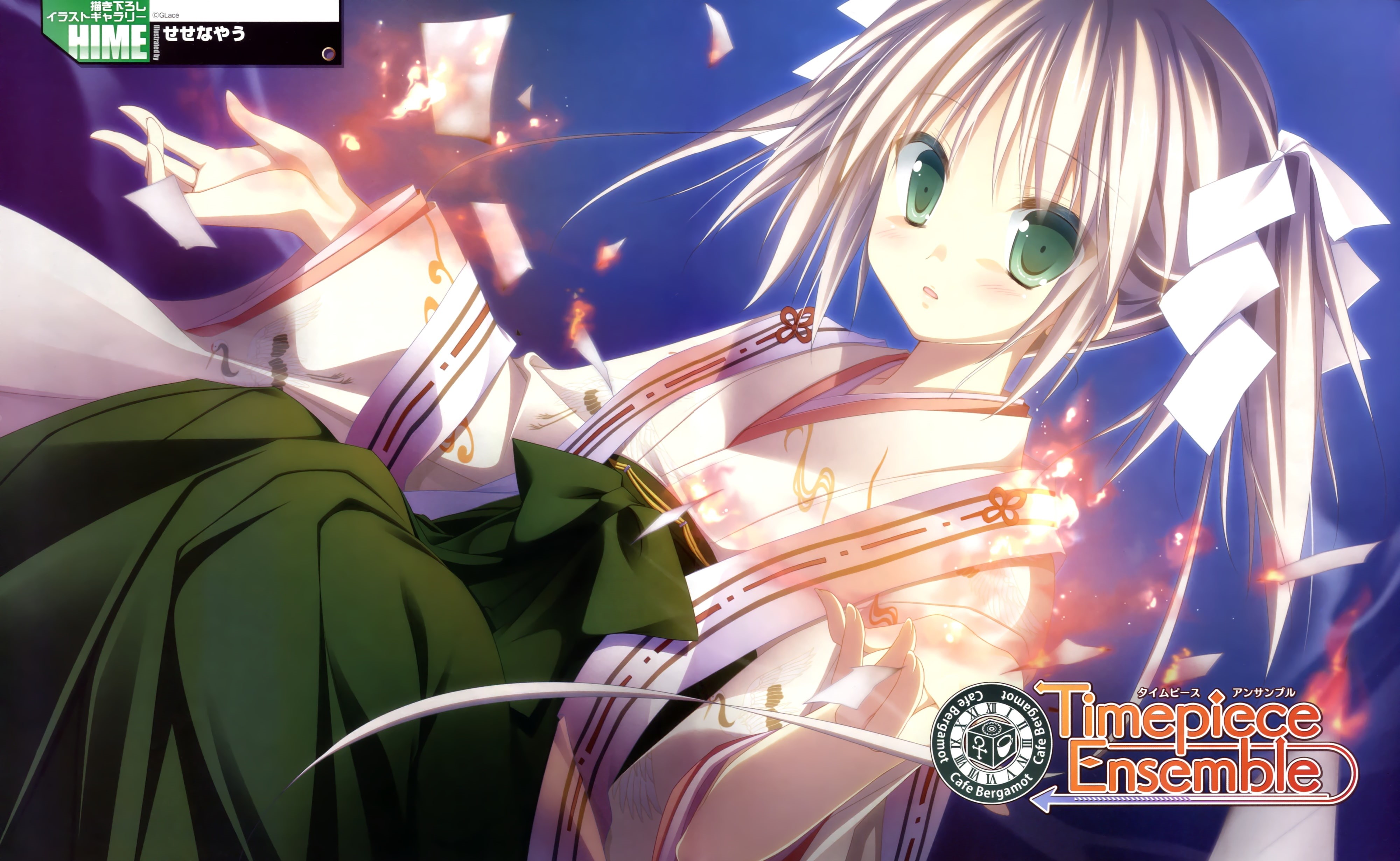 sesena, timepiece, green, hime, ensemble, dengeki, clothes, scan, eyes, japanese, 4K, yau, miko, tagme, HD Wallpaper