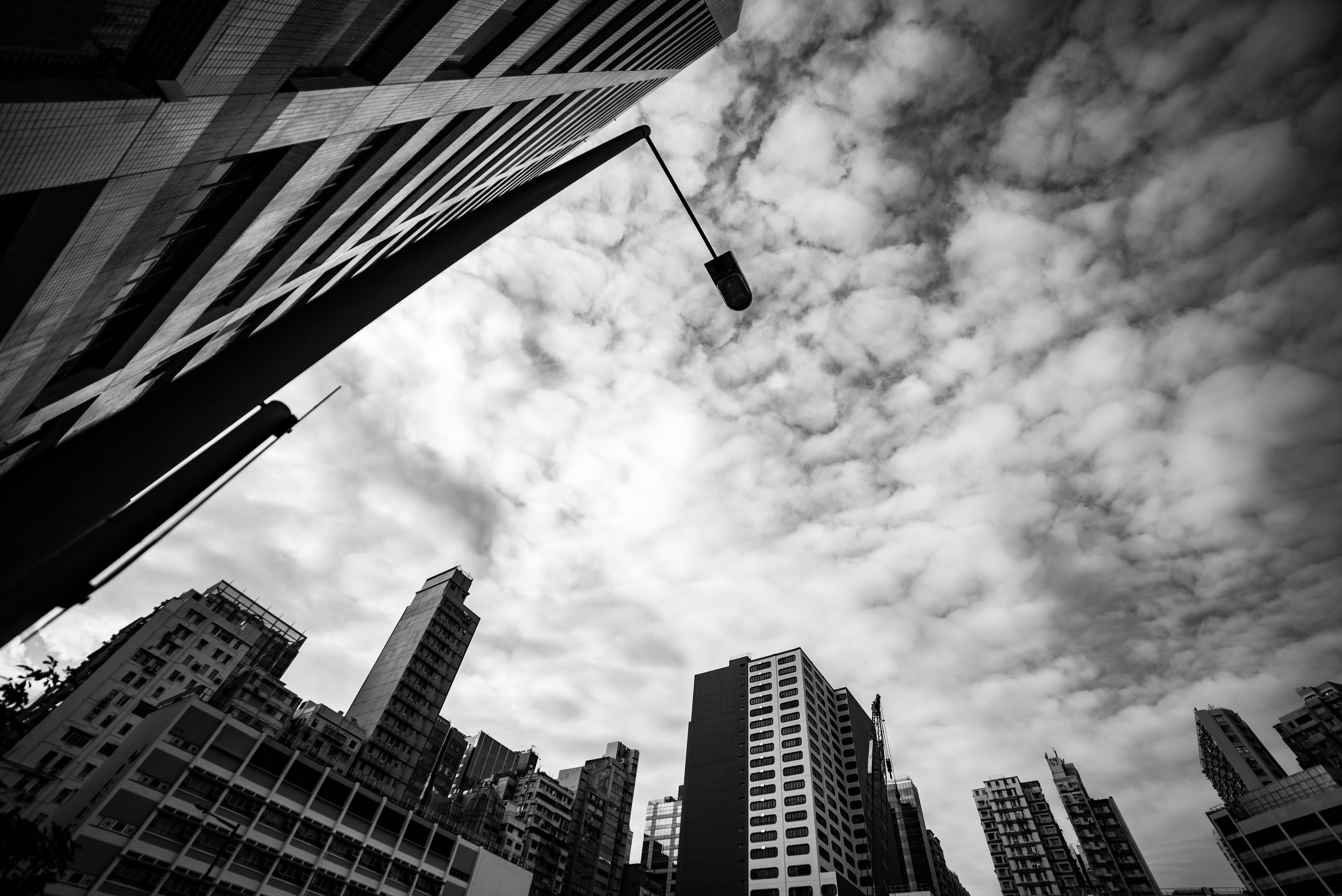 tower, day, low angle view, outdoors, modern, urban skyline, nature, building exterior, black and white, no people, office building exterior, architecture, HD Wallpaper