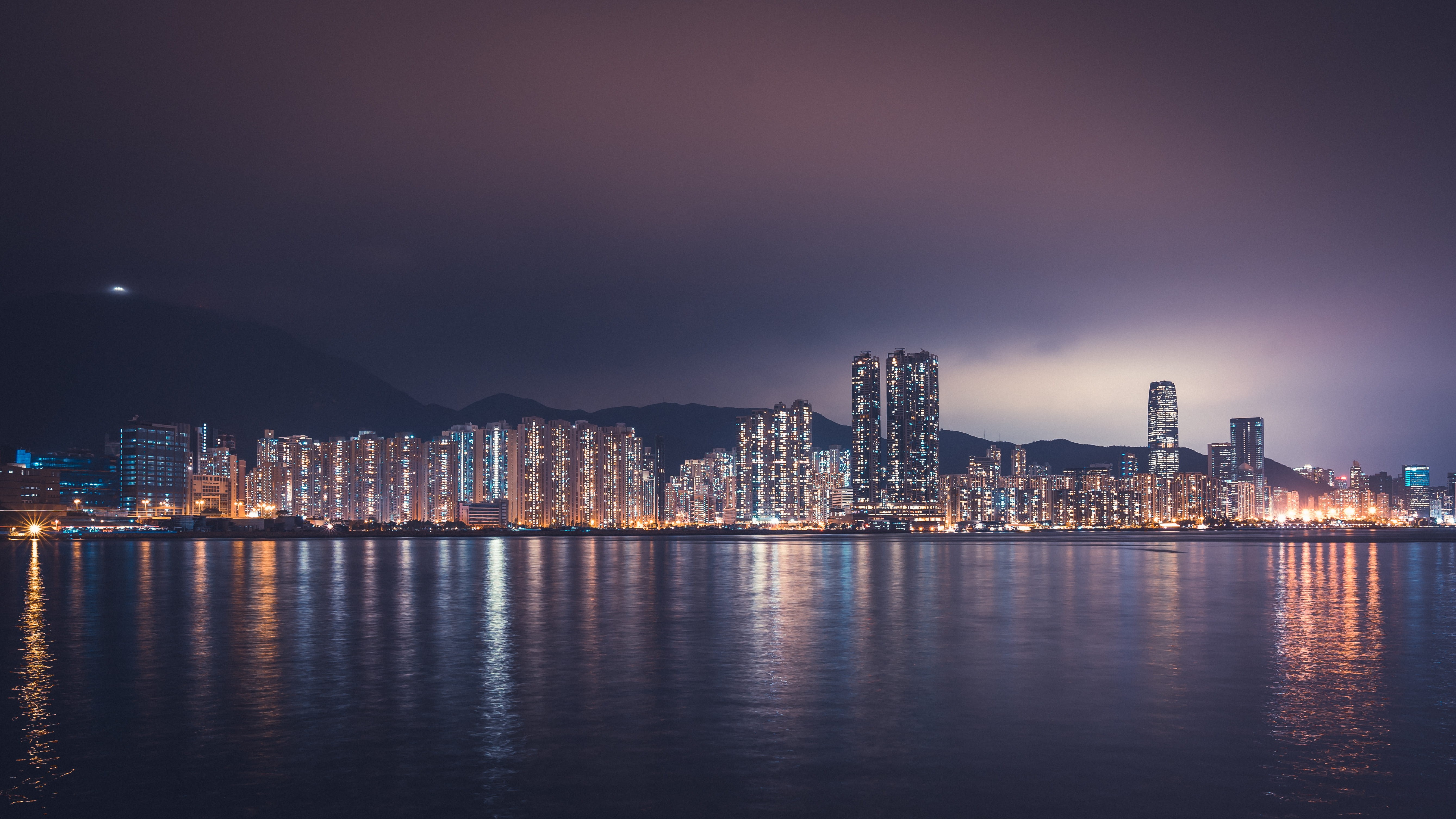building exterior, housing, metropolis, yau tong, city life, waterfront, downtown, scenery, cityscape, night, office building exterior, landscape, 5K, HD Wallpaper