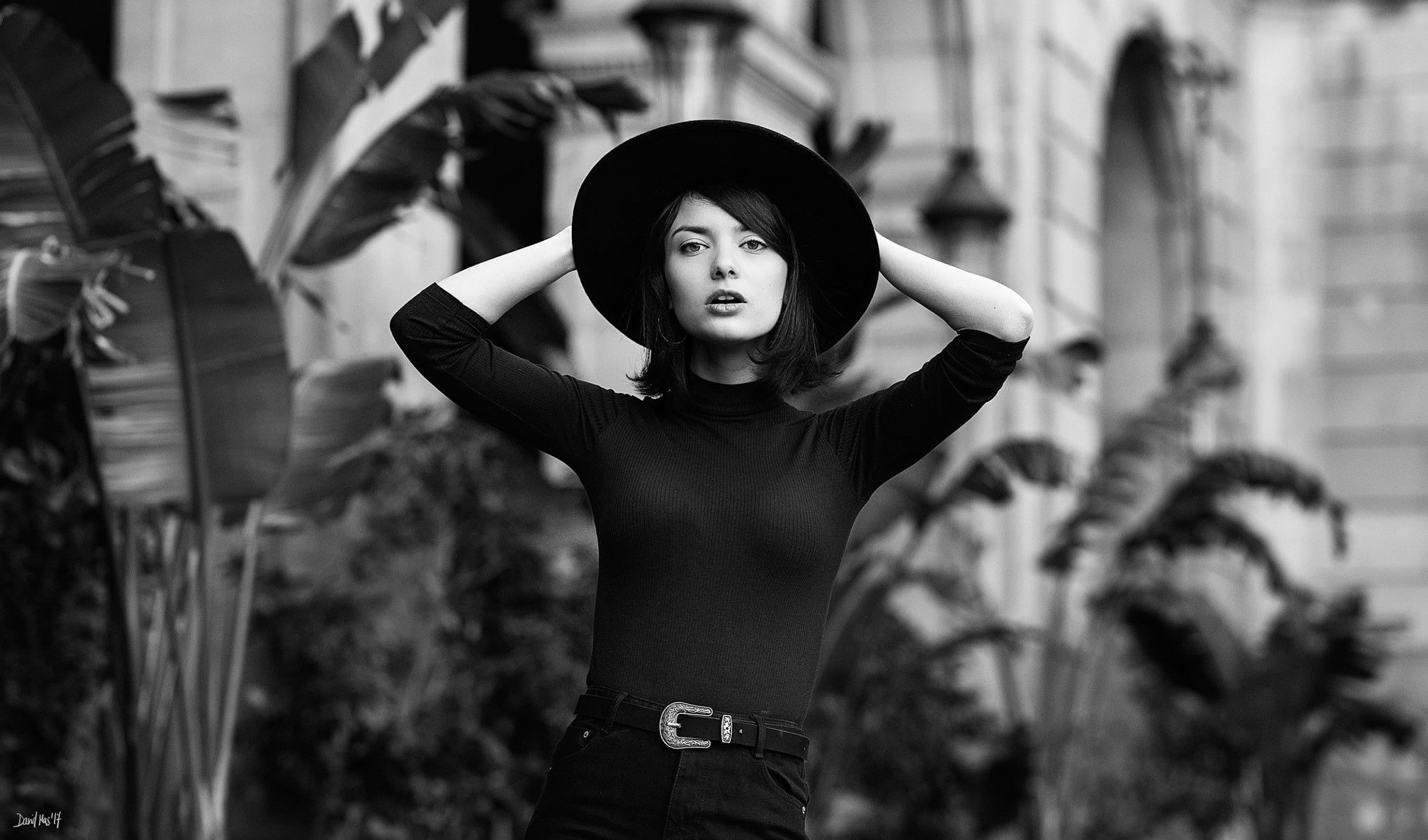 1080P, young women, lifestyles, looking at camera, leisure activity, monochrome, arms up, clothing, hand in hair, hat, three quarter length, 500px, David Mas, HD Wallpaper