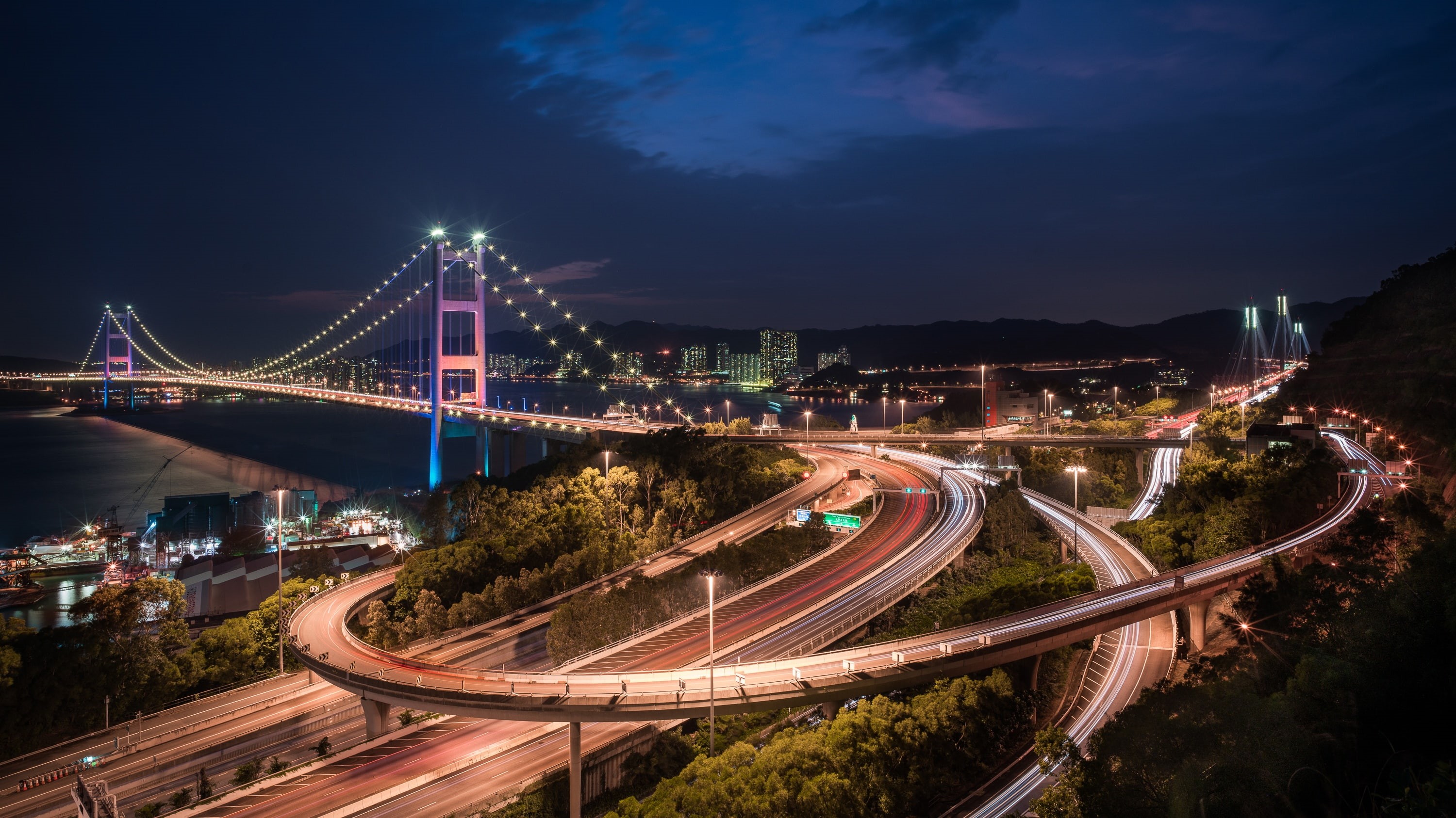 Hong Kong, Ma Wan Channel, Tsing Ma Bridge, Bridge Tsing MA Bridge, China, Channel Mavani, bridge, road, 2K, night city, HD Wallpaper