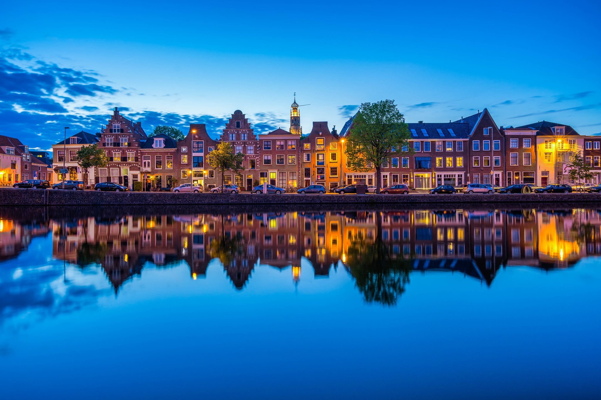 Netherlands, dusk, illuminated, waterfront, travel destinations, concrete, no people, blue, nature, reflection, building exterior, residential district, HD Wallpaper