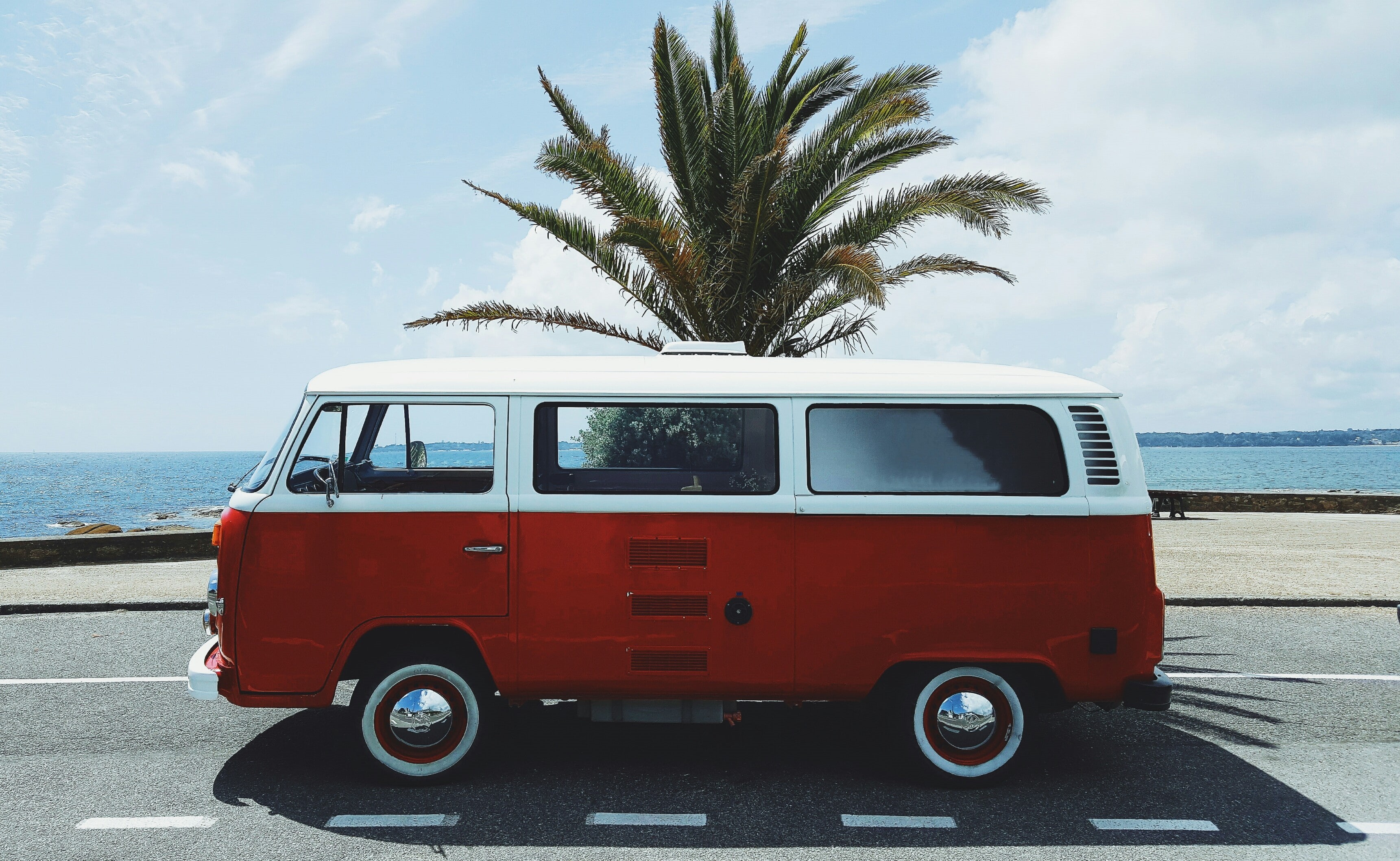 red, beach, palm trees, France, white, 2K, vw bus, Concarneau, HD Wallpaper