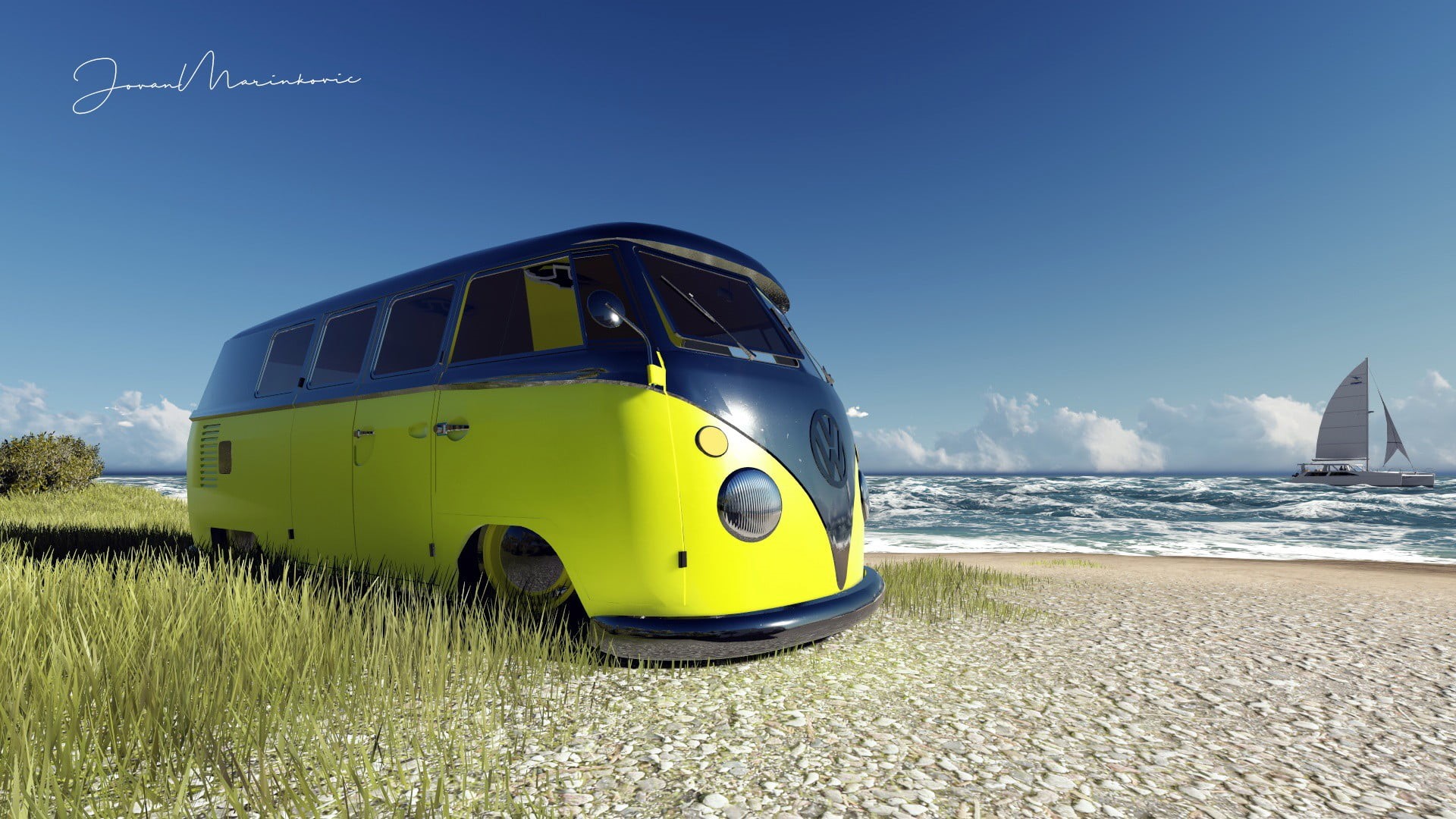 scenics - nature, sea, land, beauty in nature, beach, blue, sky, travel, black, field, VW Kombi, bus, day, mode of transportation, outdoors, 1080P, land vehicle, HD Wallpaper