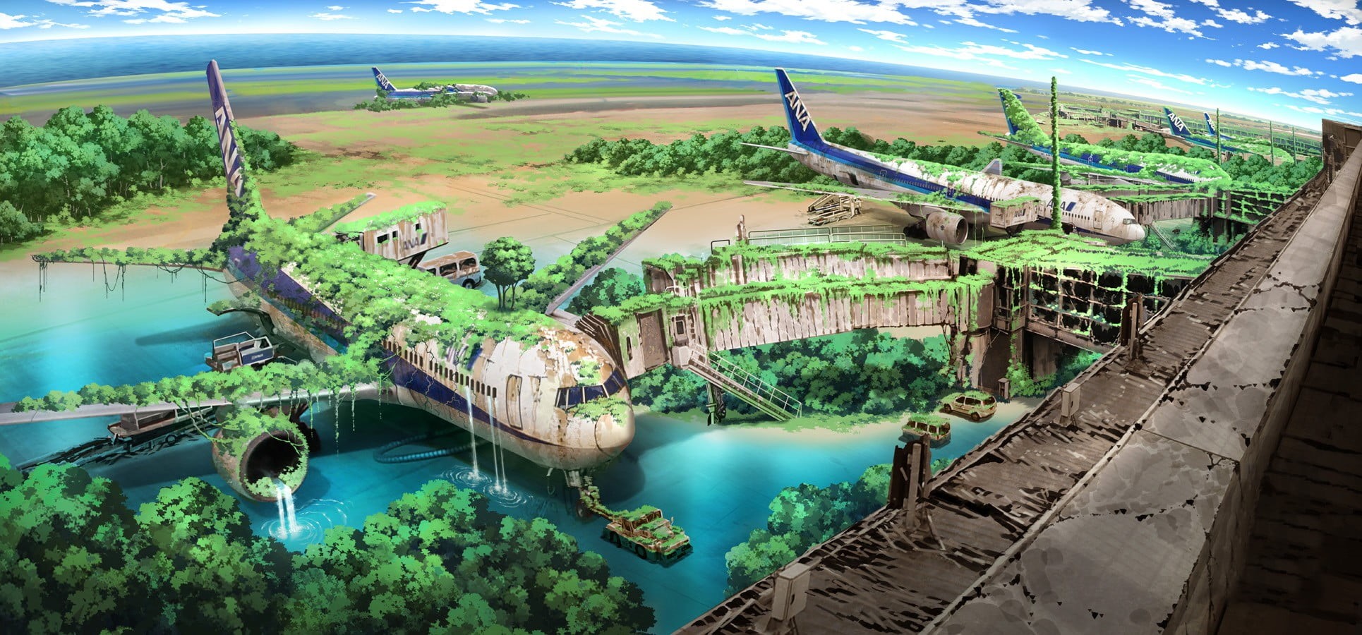 high angle view, nature, abandoned, tree, built structure, architecture, aerial view, wallaper, anime, field, green color, plant, airplane, 1080P, outdoors, HD Wallpaper
