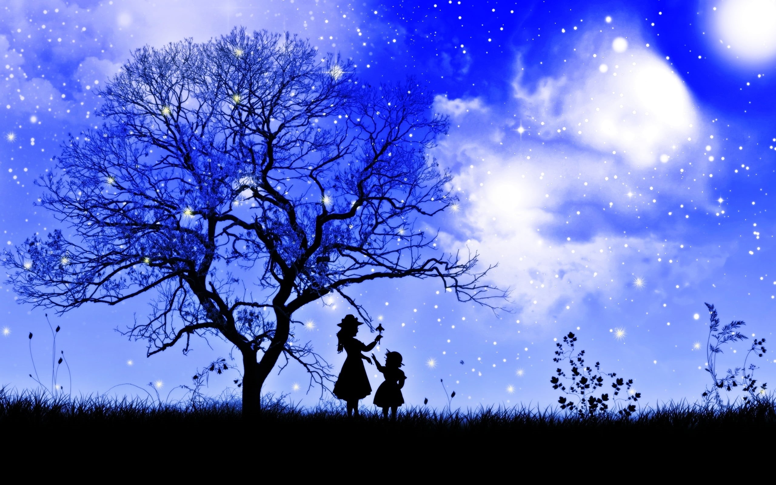 2K, standing, leisure activity, child, land, plant, bare tree, one person, night, outdoors, tree, field, real people, grass, purple, branches, girls, scenics - nature, HD Wallpaper