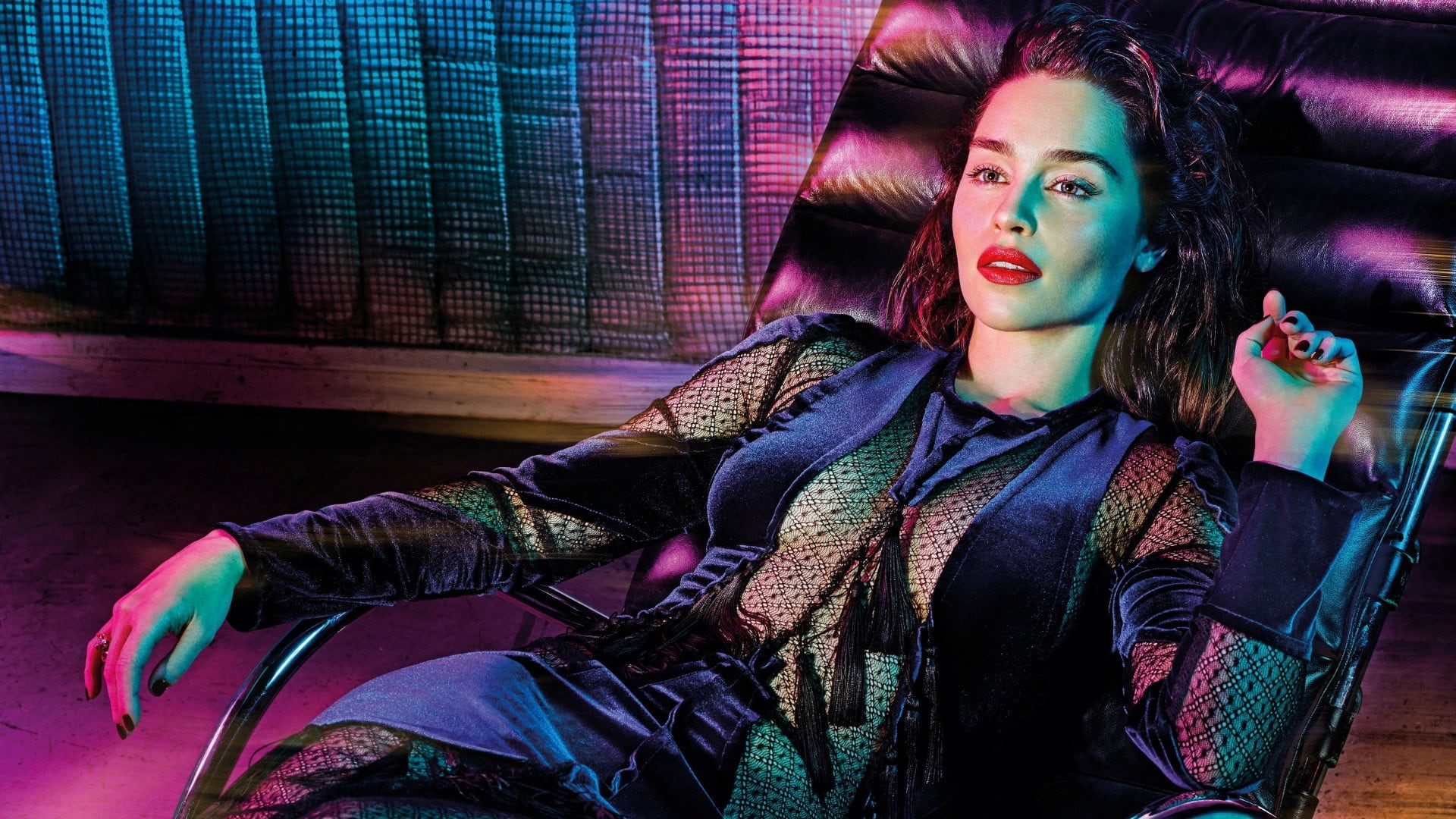 looking at camera, sitting, indoors, Emilia Clarke, adult, women, dress, young women, one person, young adult, 1080P, deck chairs, looking, beautiful people, HD Wallpaper
