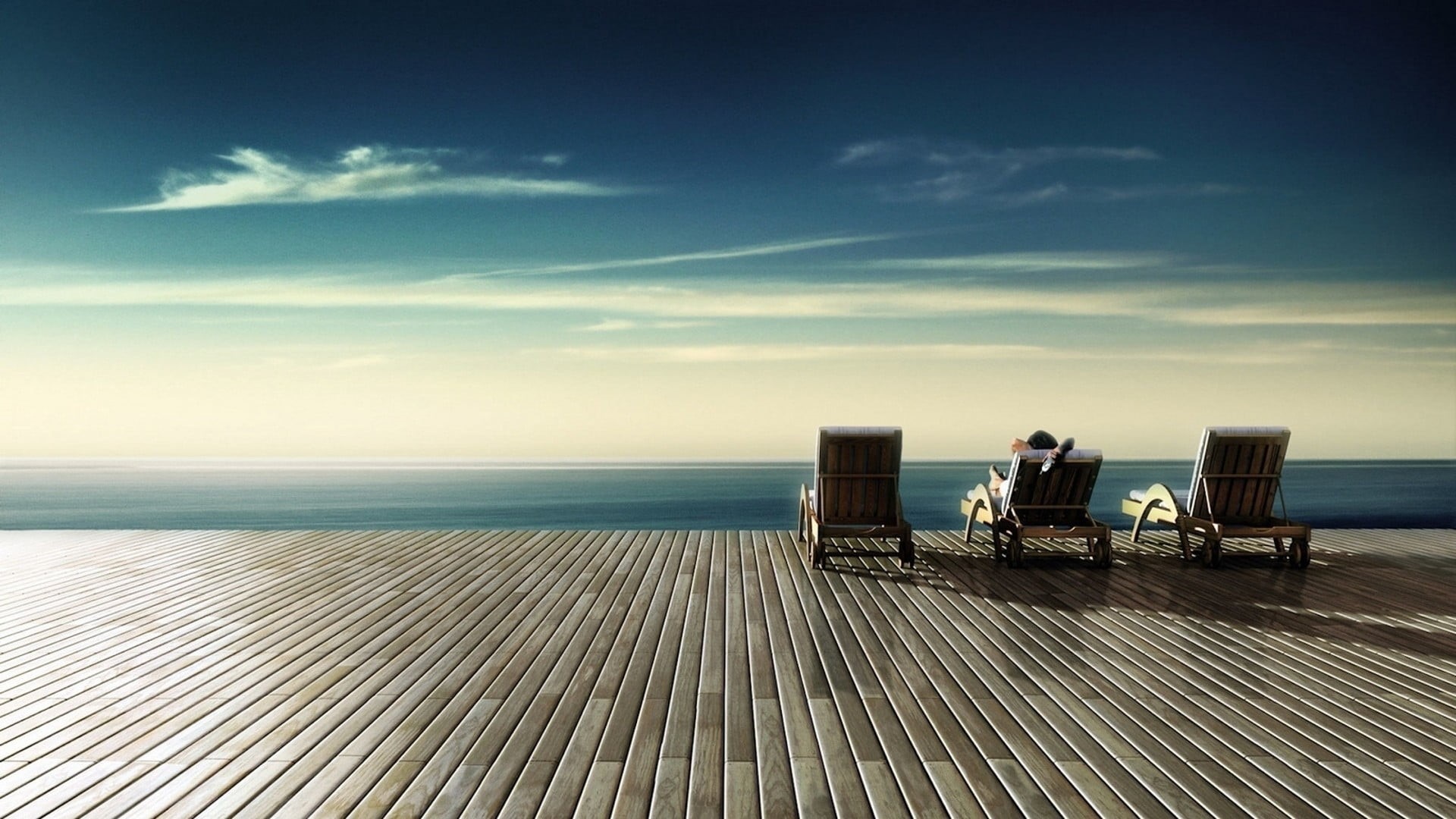adult, clouds, nature, stairs, architecture, cloud - sky, black, deck chairs, sky, business, sitting, scenics - nature, deckchairs, 1080P, men, holiday, HD Wallpaper