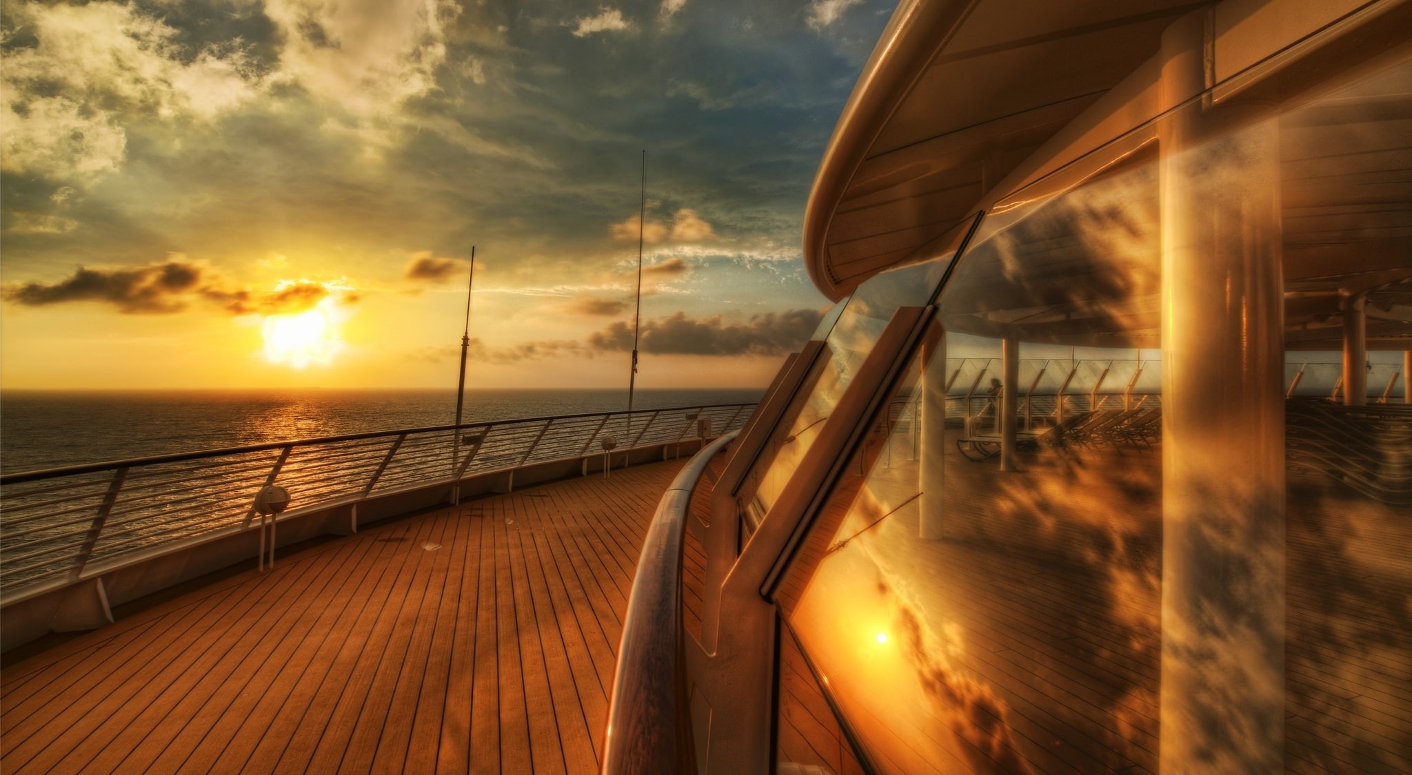 Travel, tranquil scene, tranquility, Deck, boat, Water, Clouds, outdoors, no people, 1080P, fence, orange color, scenics - nature, Ocean, sky, cloud - sky, HD Wallpaper