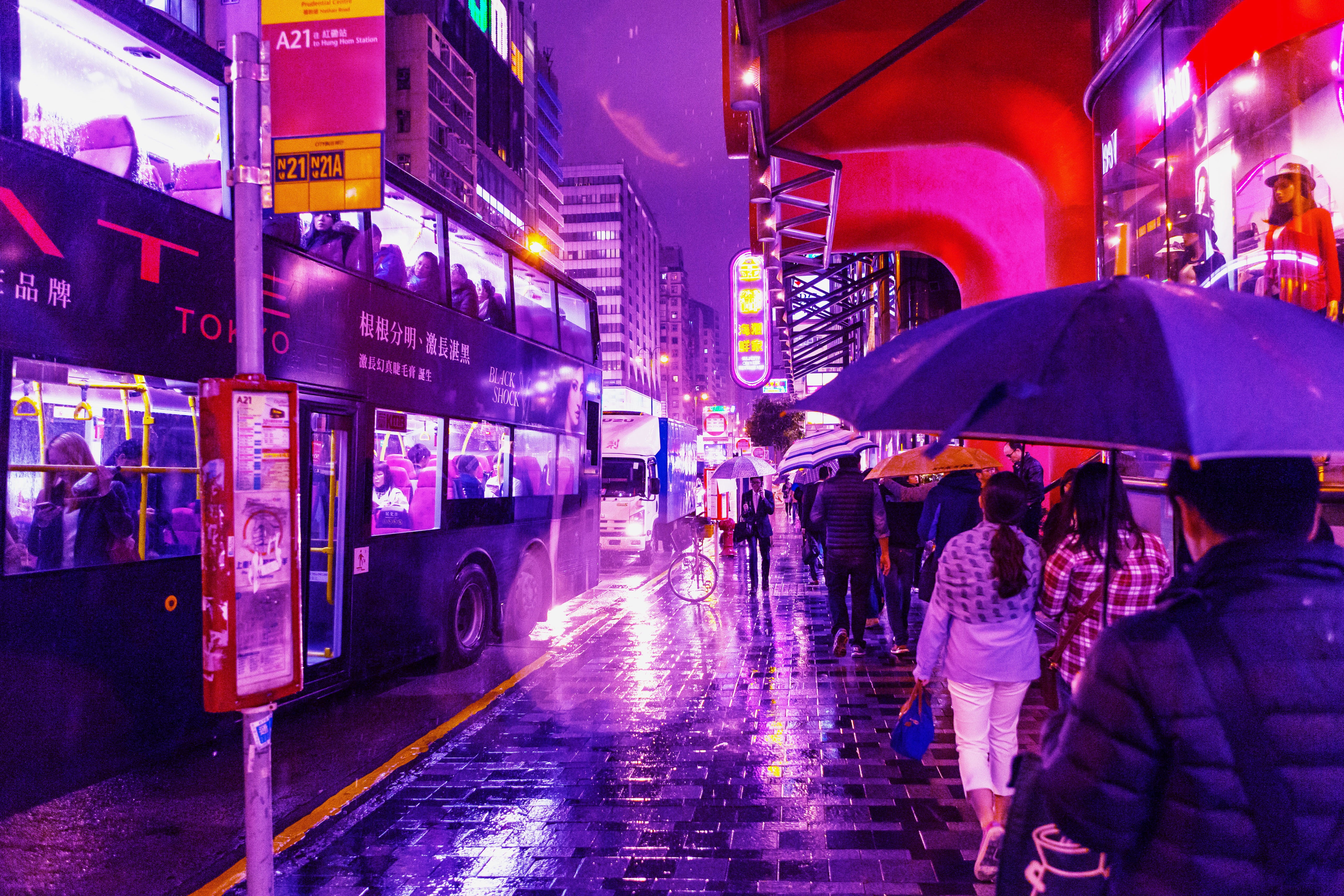 urban, outdoors, transportation, city street, real people, walking, rainy season, hong kong, wet, rainy, hongkong, building exterior, neon, built structure, HD Wallpaper