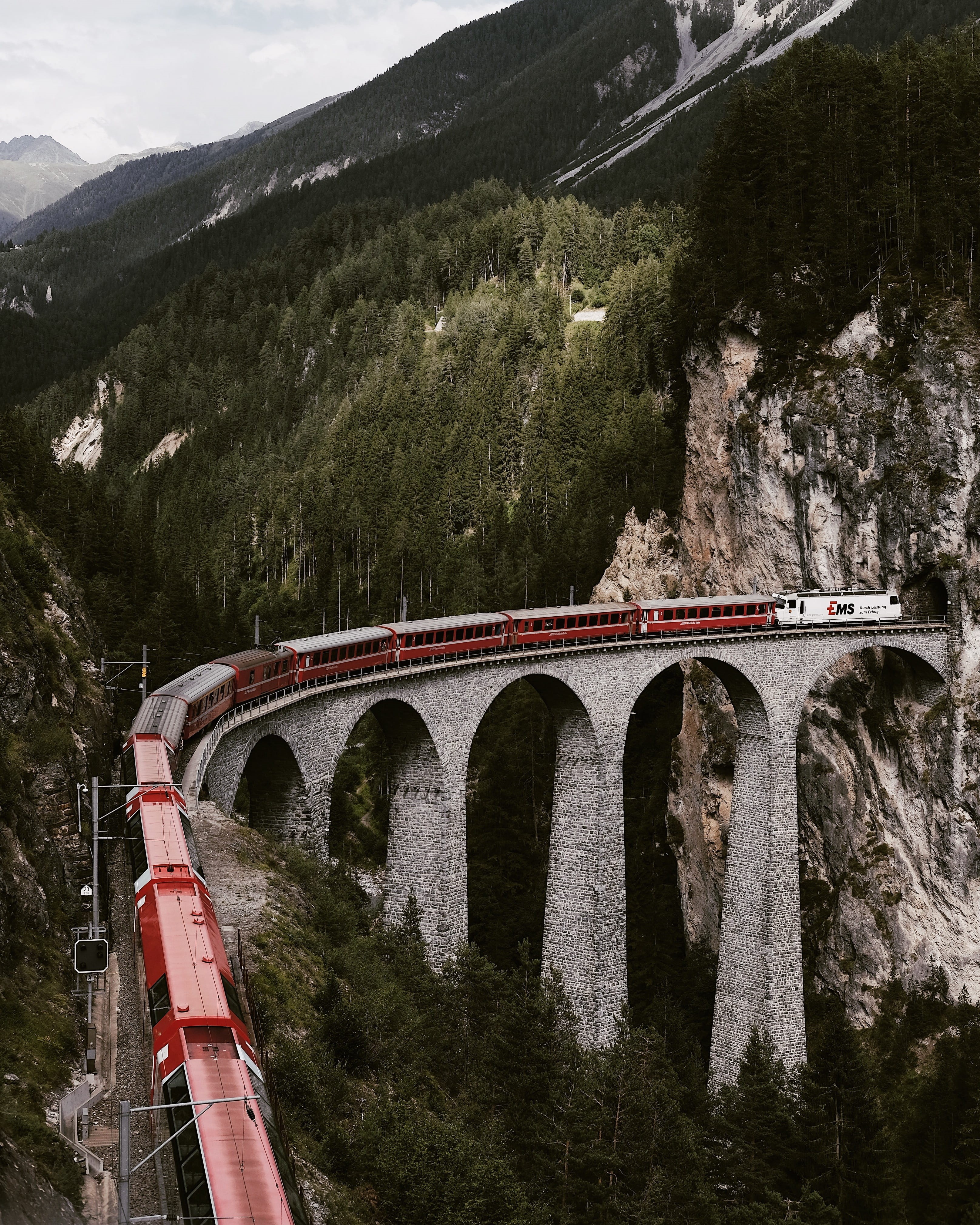 mode of transportation, tree, landscape, red, bridge - man made structure, evergreen, 4K, viaduct, railway, switzerland, lock screen background, iphone, Phone HD Wallpaper