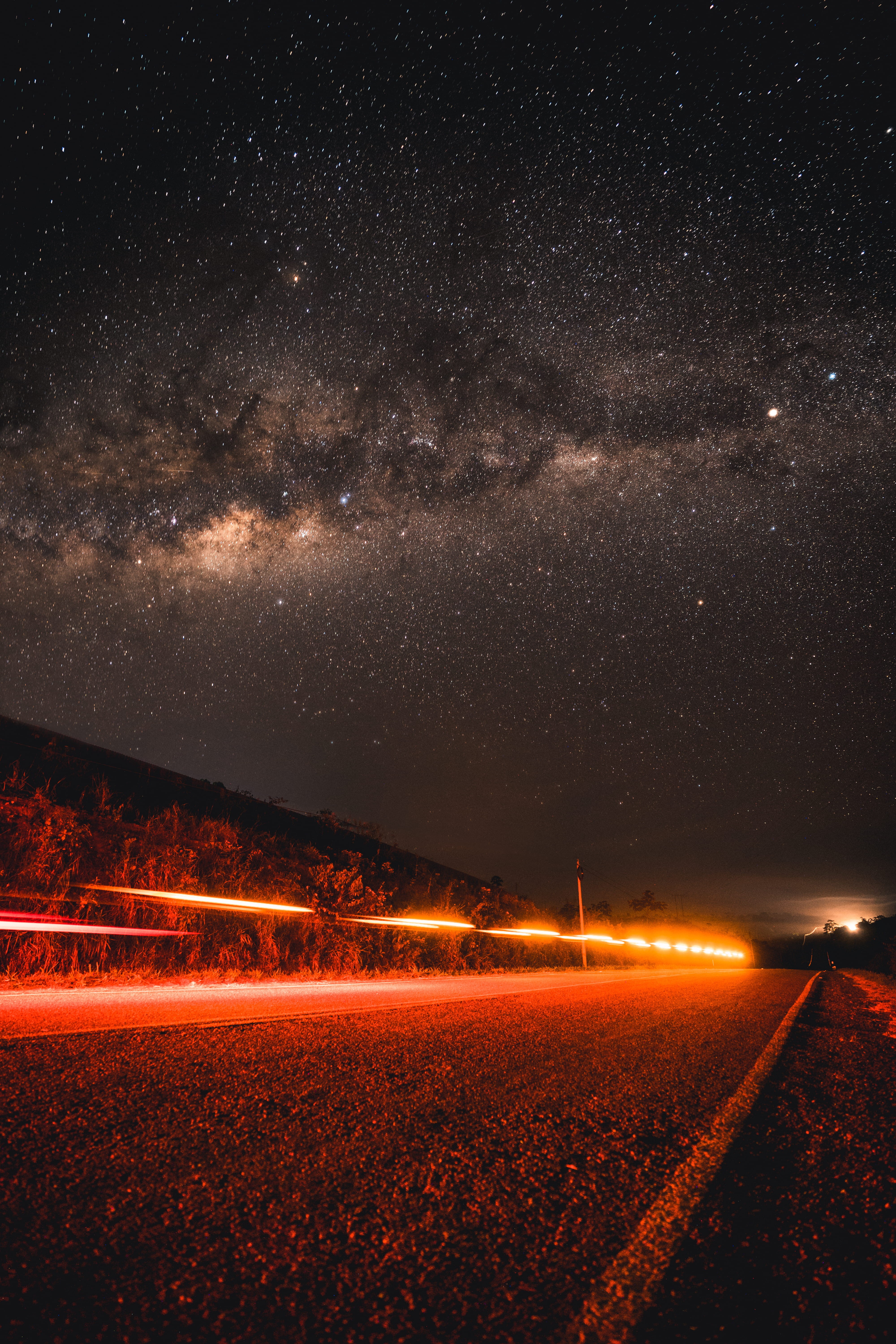 space, landscape, road, night time, scenics, vialactea, stars, outdoors, world, universe, light - Natural Phenomenon, light trail, nightlight, backgrounds, Phone HD Wallpaper