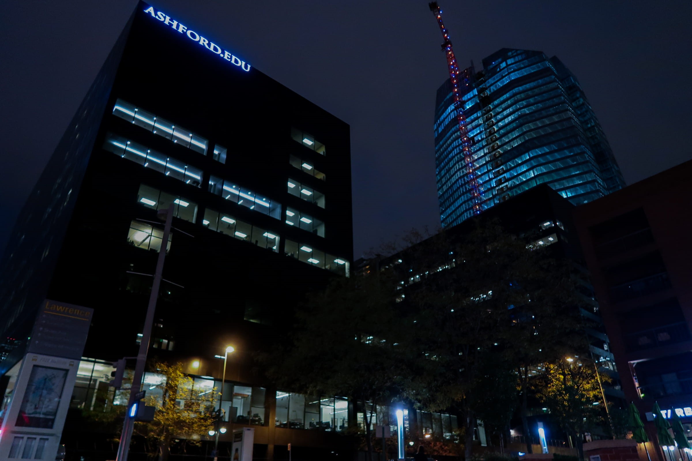 skyscraper, office building exterior, lights, glow, low angle view, tumblr, nightcity, office, building exterior, modern, purple, night, tower, fomh, glass, HD Wallpaper