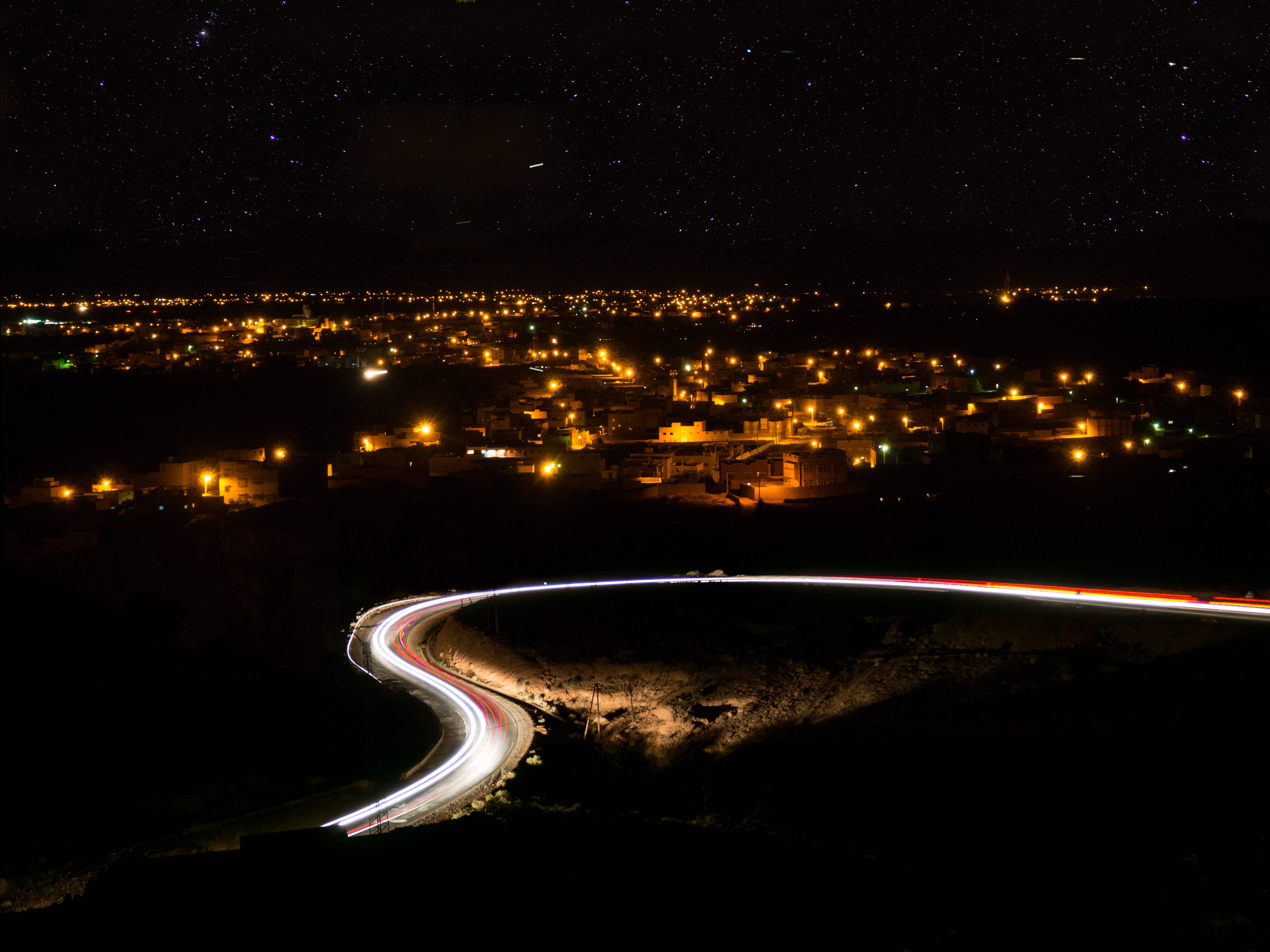 maroc, illuminated, stars, outdoors, architecture, street, city, cartrace, lighttrace, mix, speed, lights, motion, transportation, 4K, night, star - space, HD Wallpaper