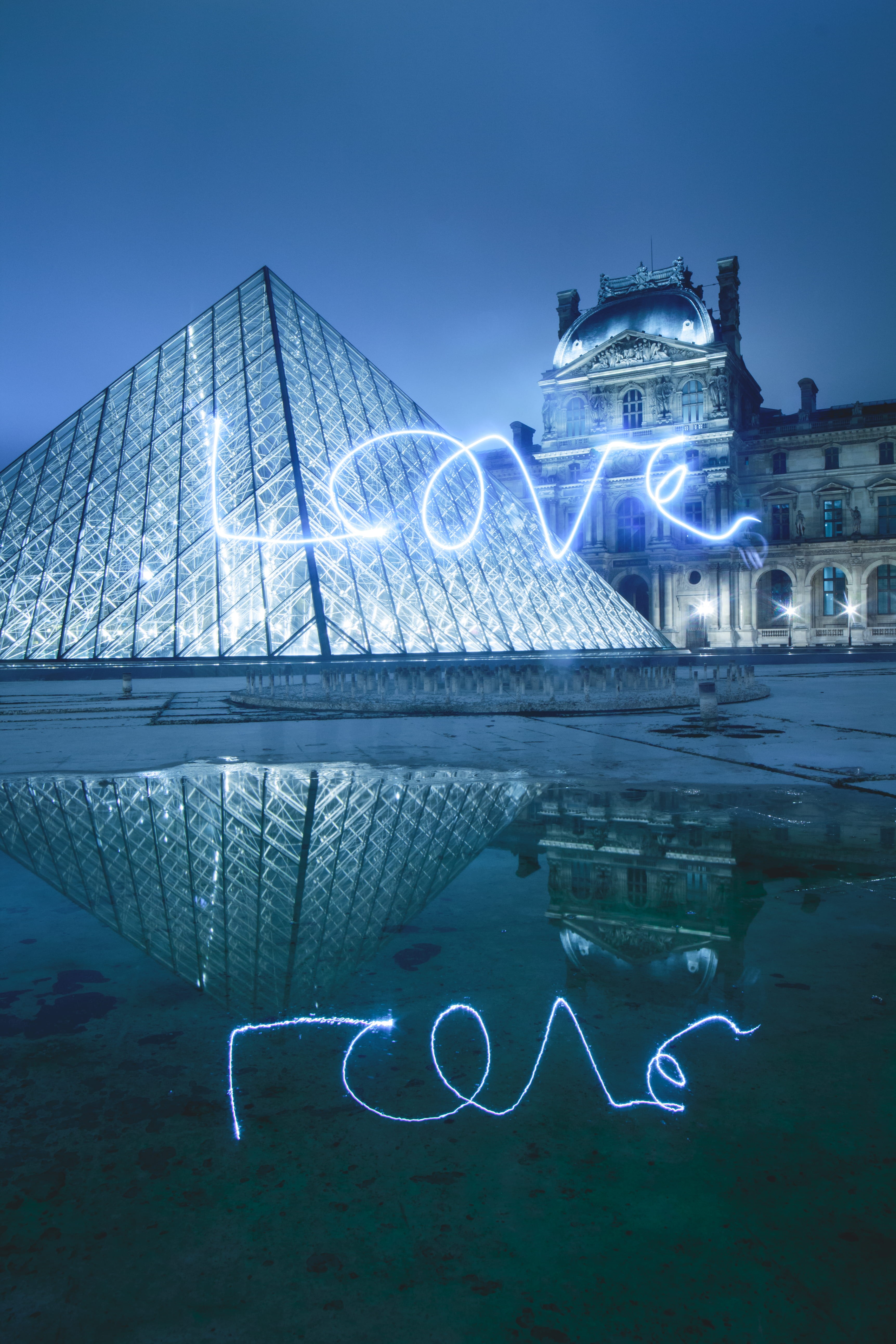 trail, flash, france, built structure, building exterior, long exposure, museum, water, nightlight, love, travel destinations, reflection, no people, blue, Phone HD Wallpaper