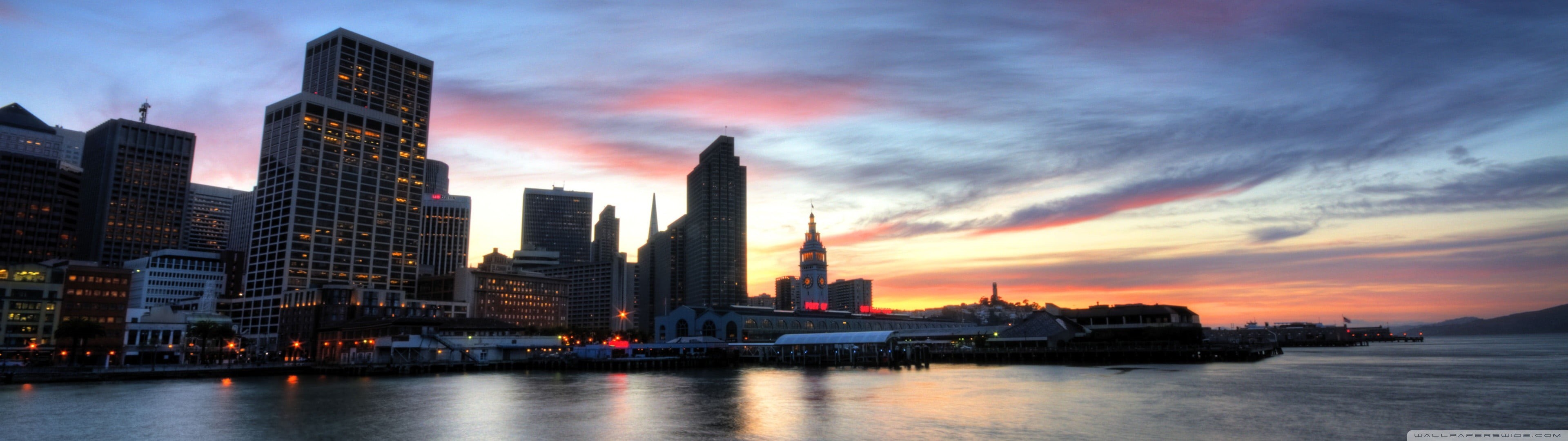 water, dusk, near, sunset, building exterior, gray, building, city, 4K, outdoors, nautical vessel, transportation, USA, architecture, no people, cloud - sky, HD Wallpaper