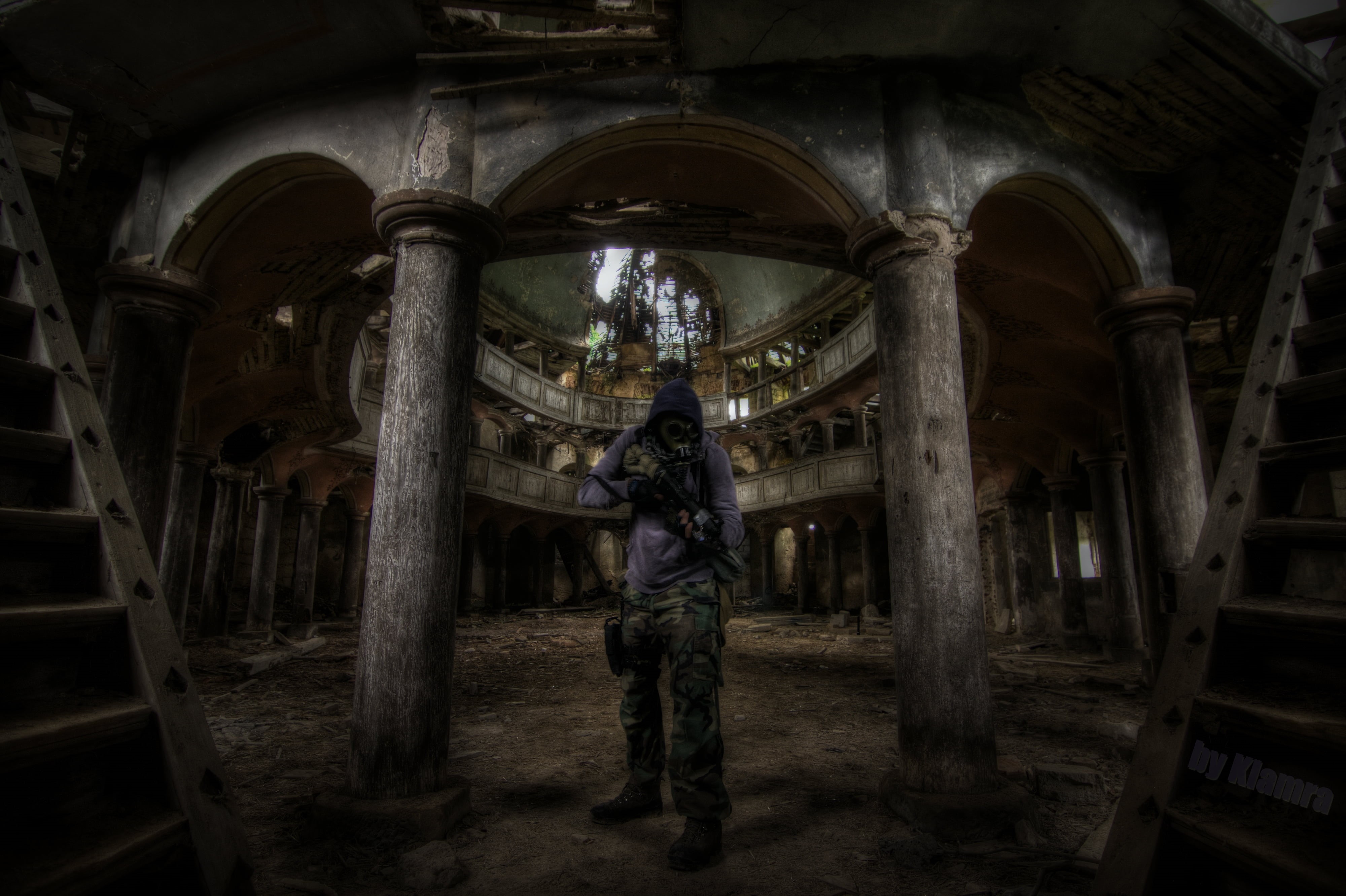 government, building, Poland, urbex, history, architecture, women, full length, gas masks, real people, front view, one person, standing, arch, day, indoors, HD Wallpaper