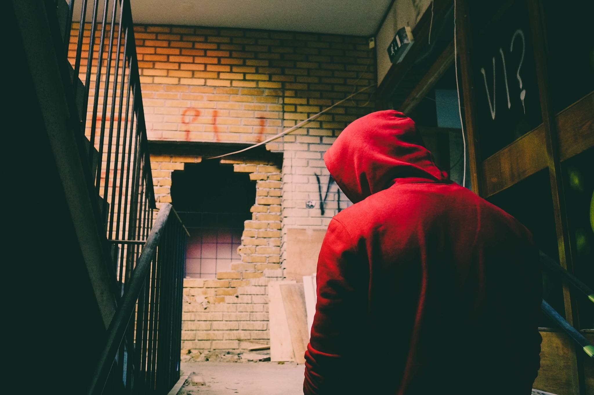 1080P, explorer, staircase, abandoned, school, urban decay, urbex, exploration, hoods, Norway, red sweatshirt, HD Wallpaper