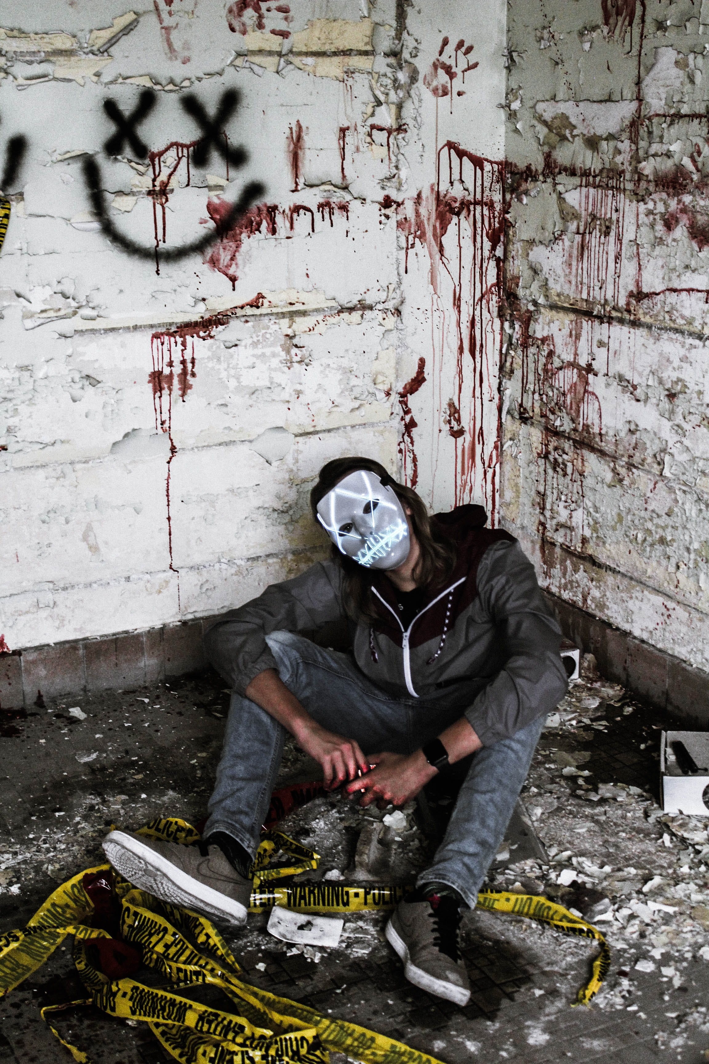 portrait, architecture, brick, front view, young adult, bloody, creepy, dirty, scary, social issues, graffiti, deterioration, lifestyles, horror, purge, Phone HD Wallpaper