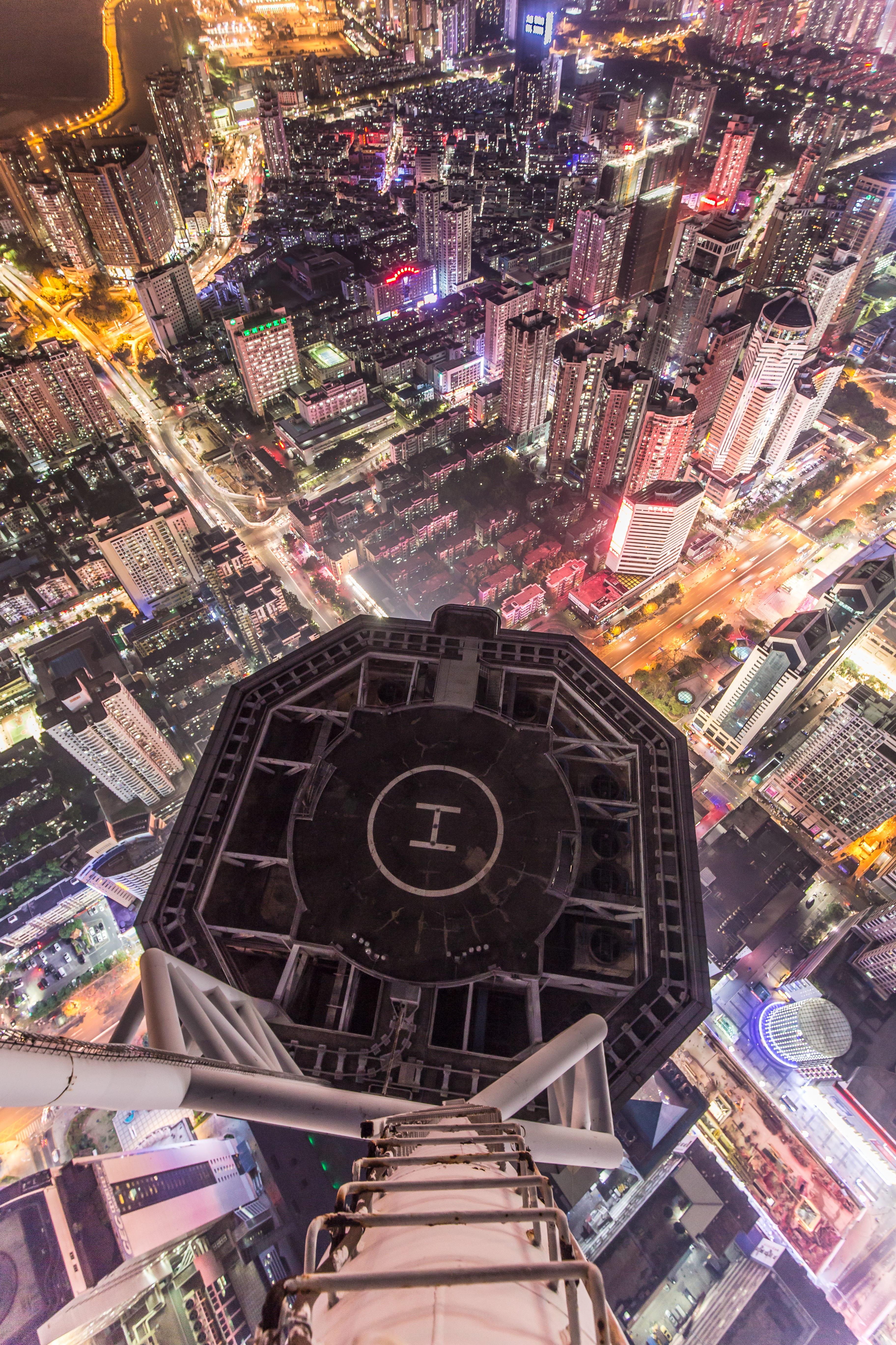 roof, built structure, urbex, city, night, 5K, lookdown, shenzhen, skyscraper, roofer, travel destinations, height, residential district, adventure, cityscape, Phone HD Wallpaper