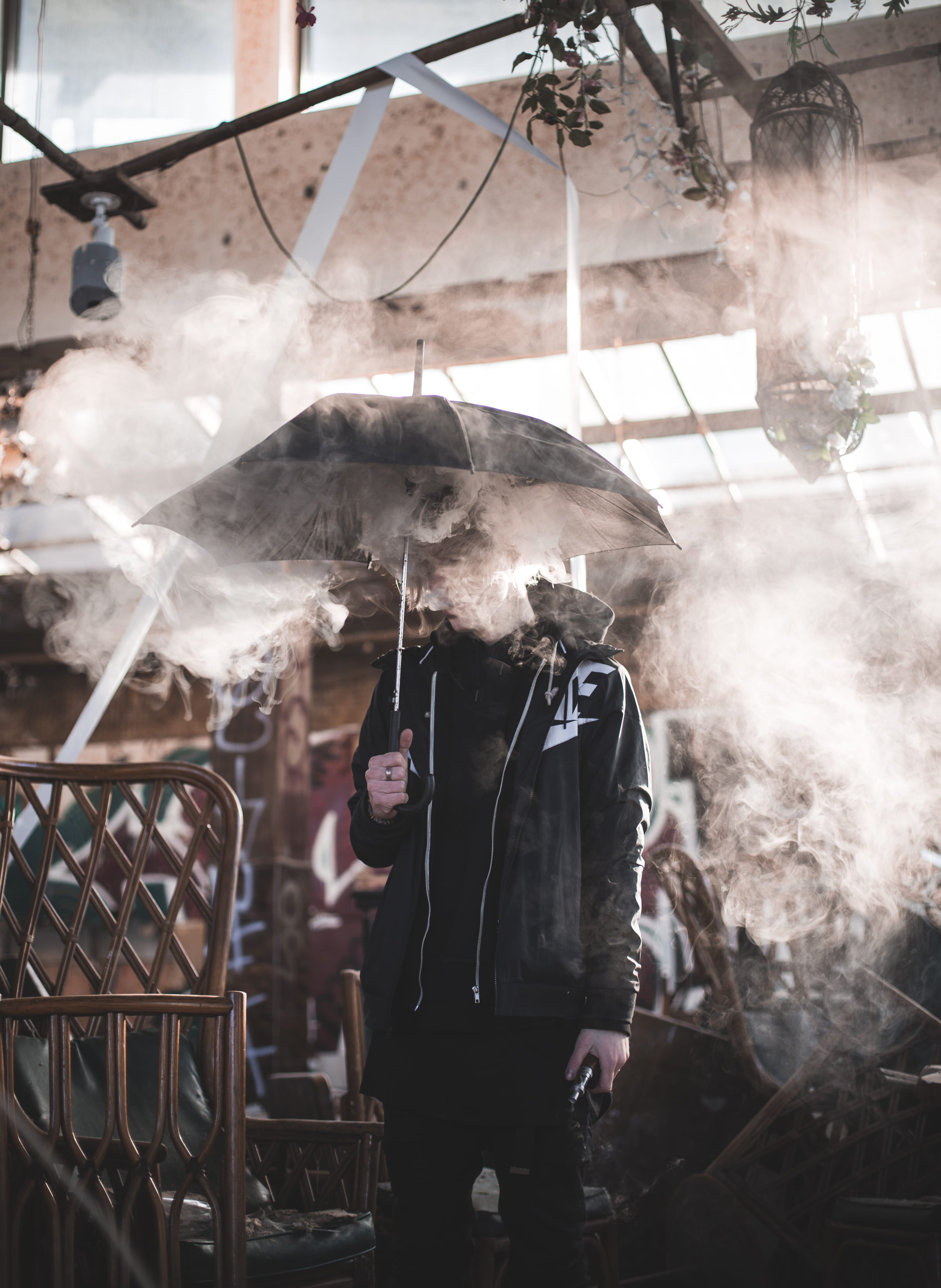 man, men, nike, occupation, smoke, sunlit, urban, one person, aestethic, urbex, indoors, 4K, chair, obscured face, holding, umbrella, glass, built structure, Phone HD Wallpaper