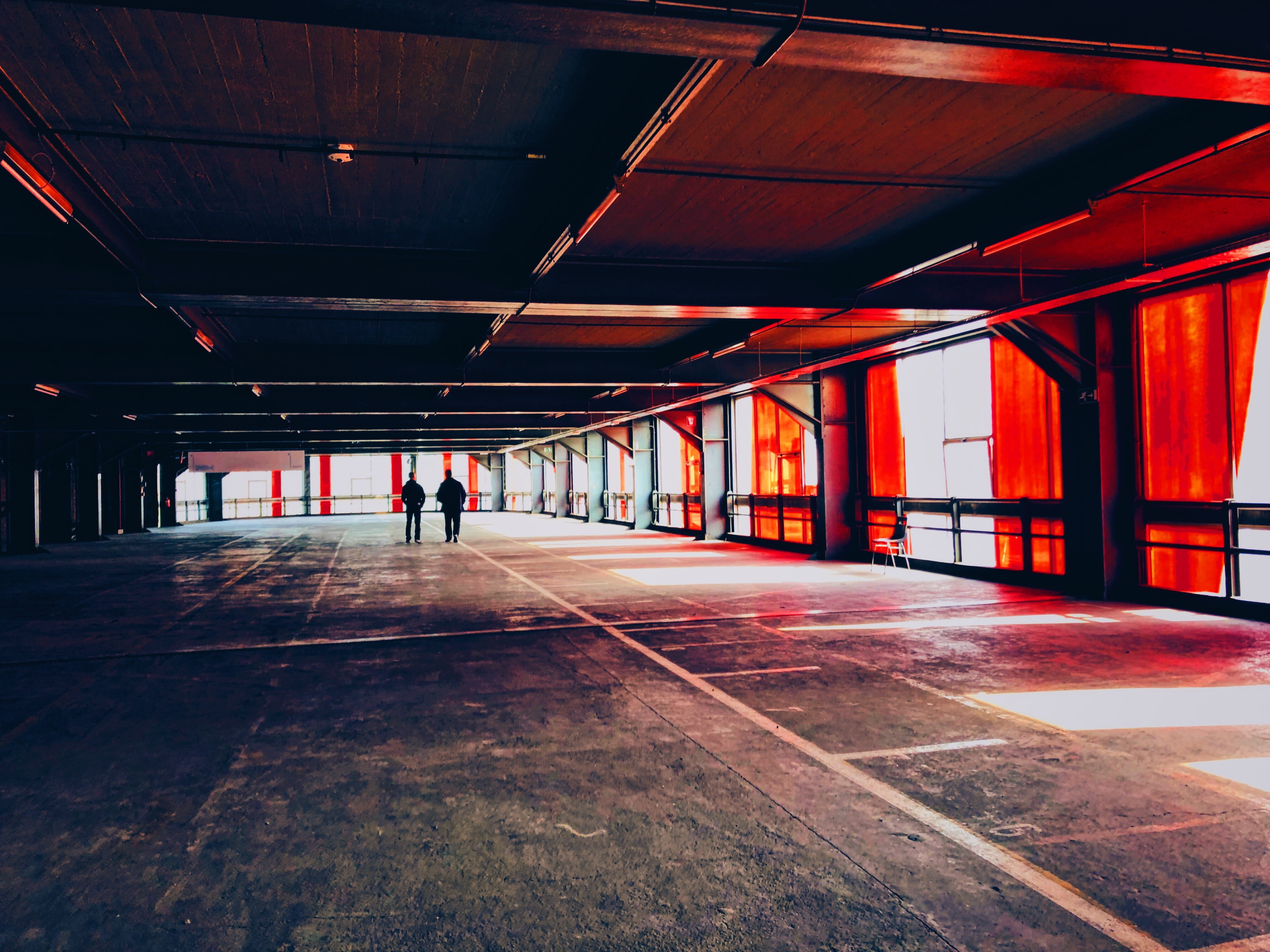 parking, techno, real people, automobile, the way forward, concrete, building, built structure, architectural column, corridor, red, unrecognizable person, HD Wallpaper