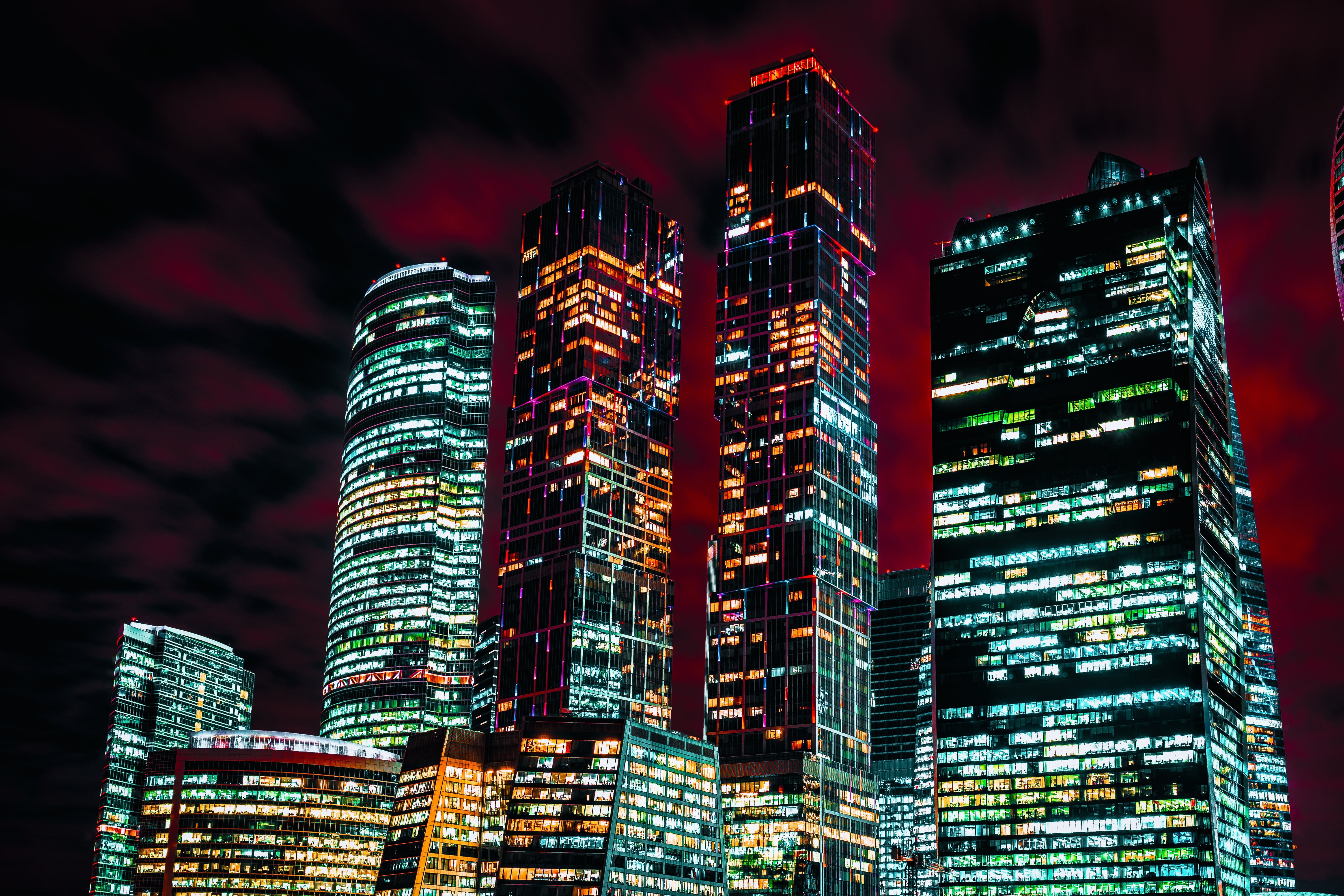 Moscow CIty, high, city, Russia, illuminated, lights, sky, landscape, cityscape, skycrapers, buildings, finance, urban skyline, 5K, rise, built structure, HD Wallpaper