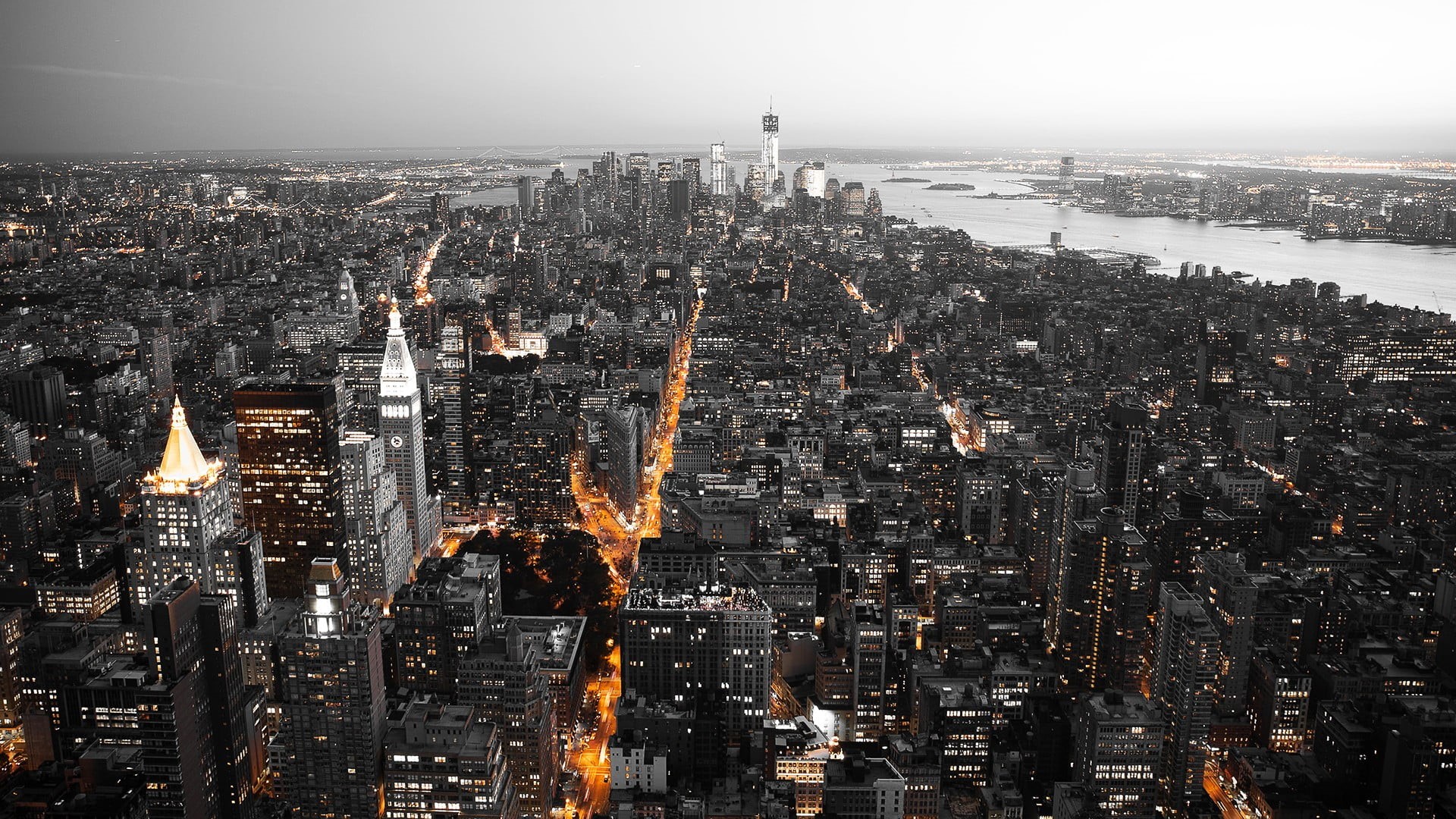 high, Manhattan, no people, high angle view, 1080P, city, skycrapers, travel destinations, sky, urban skyline, selective coloring, water, built structure, HD Wallpaper