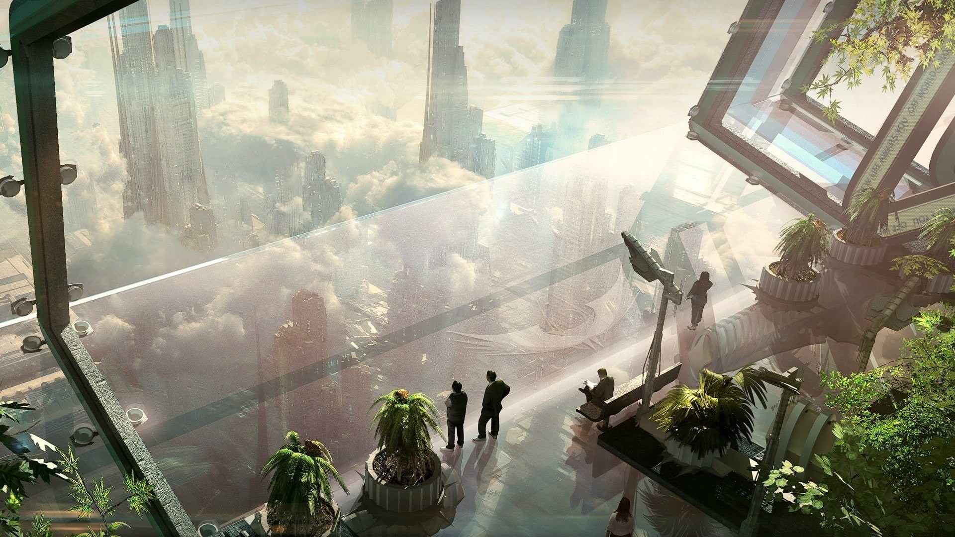 indoors, medium group of people, built structure, people, lifestyles, leisure activity, clouds, sunlight, plants, high angle view, 1080P, day, men, transparent, HD Wallpaper