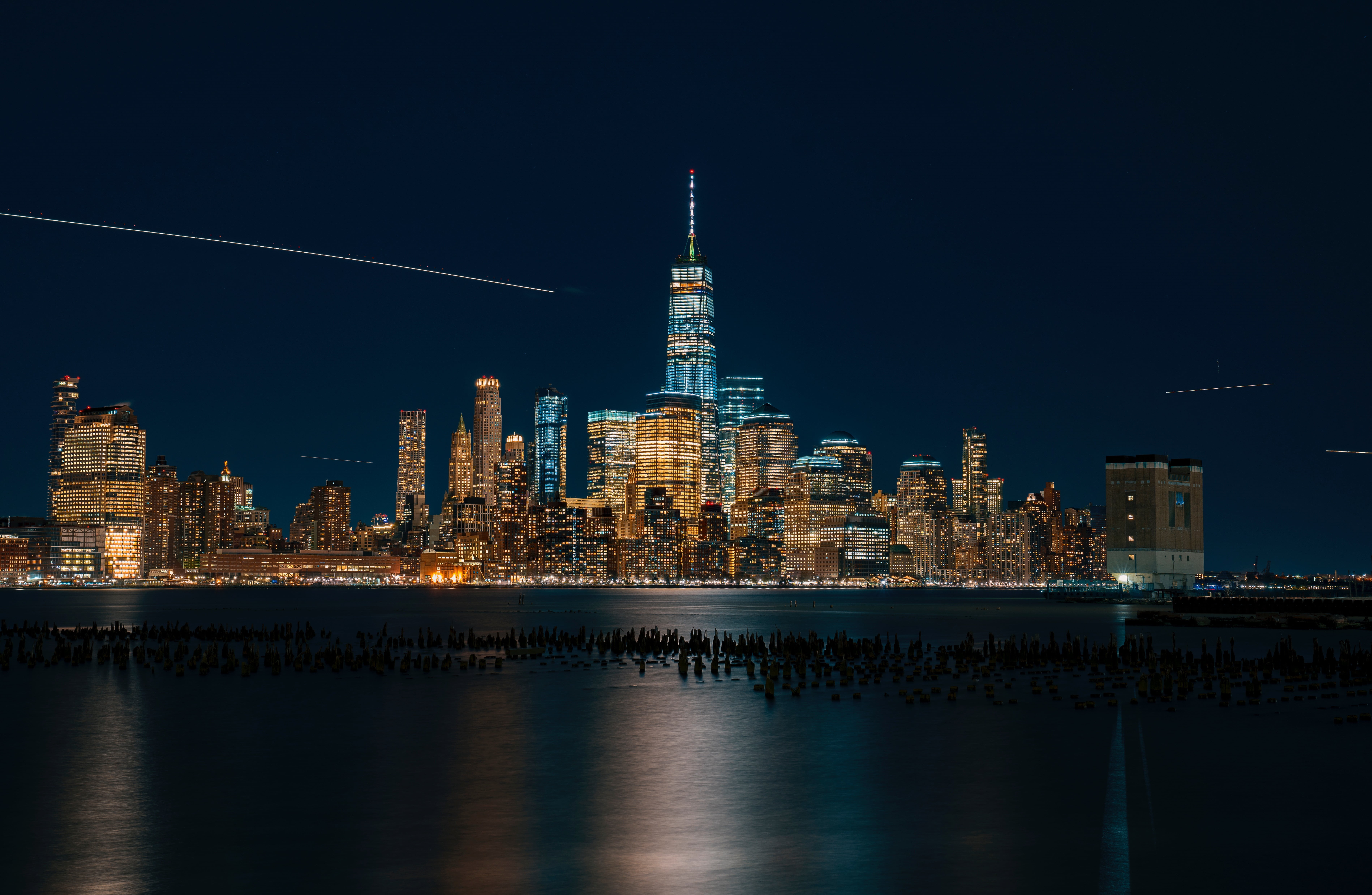 city, panoramic, office Building, reflection, cityscape, buildings, New York City, tall - high, skyscraper, lights, blue, travel, water, no People, waterfront, HD Wallpaper