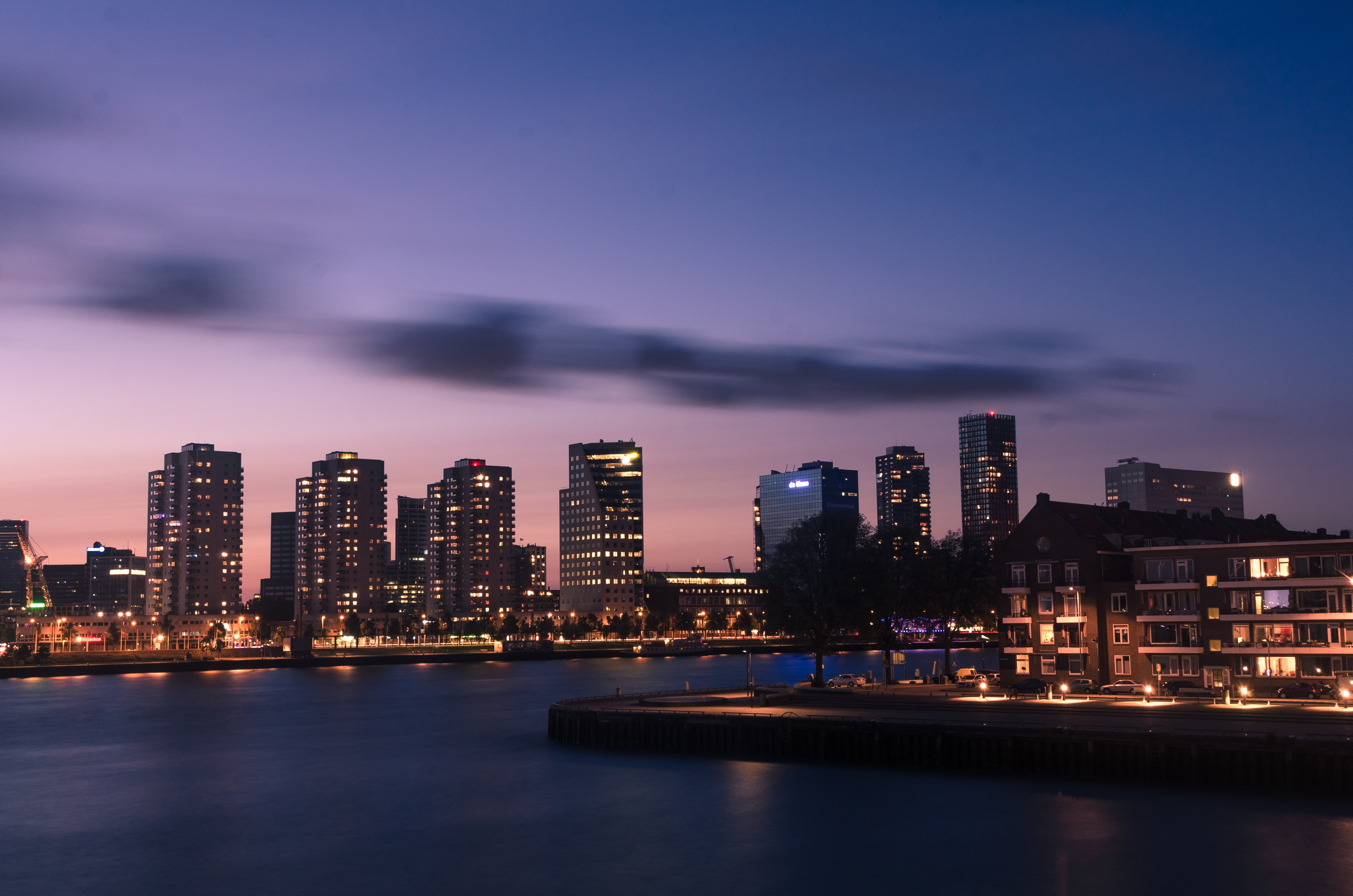 city, built structure, tall - high, river, cityscape, urban skyline, skycrapers, sky, cloud - sky, no people, landscape, Netherlands, lights, building exterior, HD Wallpaper
