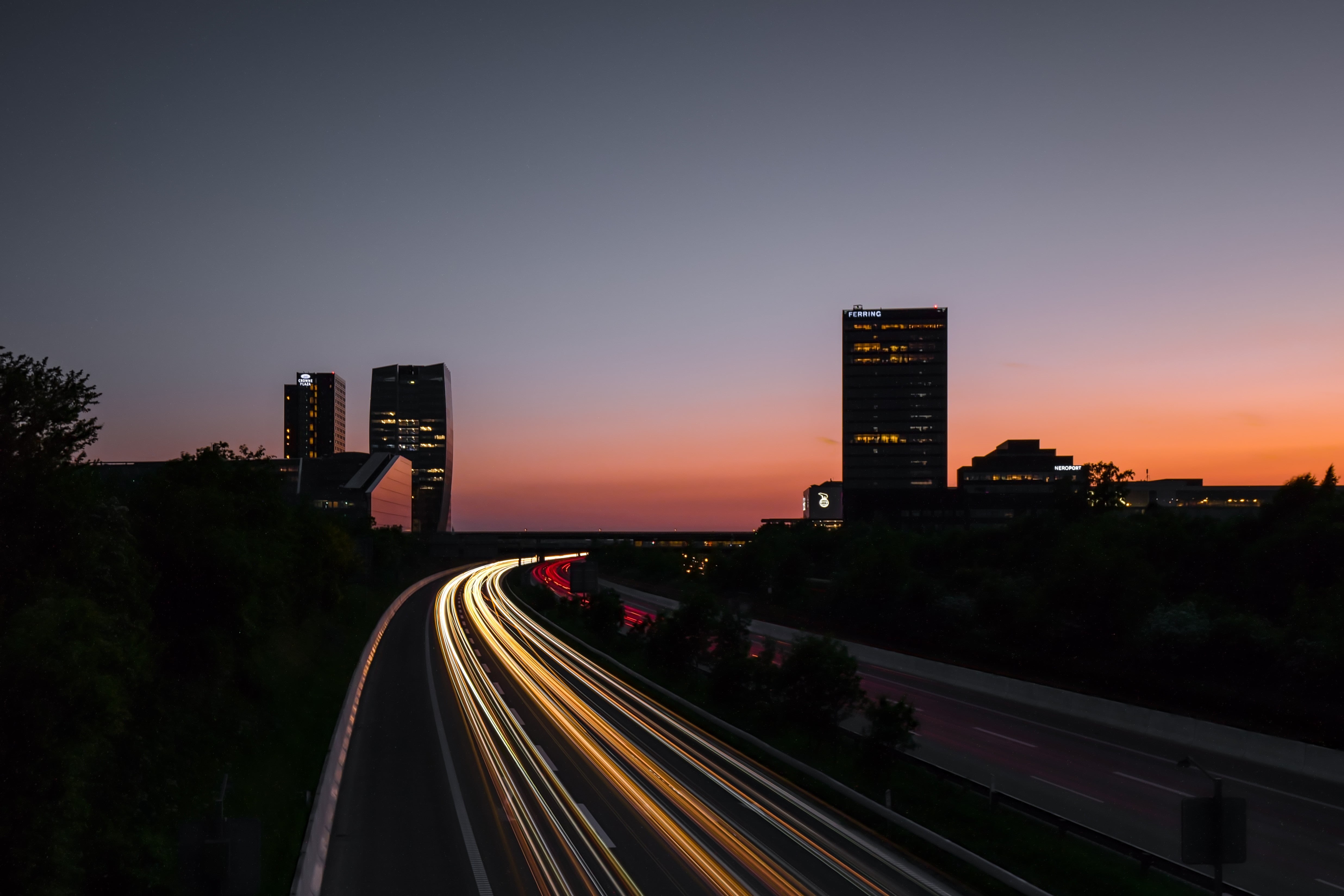 city, highway, built structure, long exposure, transportation, sky, skycrapers, 4K, orange color, light trails, road, illuminated, night, outdoors, sunset, HD Wallpaper