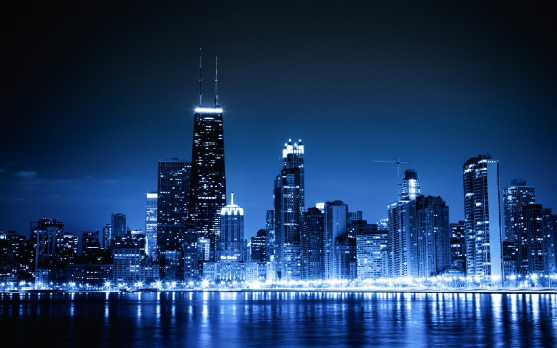 skycrapers, 1080P, chicago, blue, urban, cityscapes, lights, night, HD Wallpaper