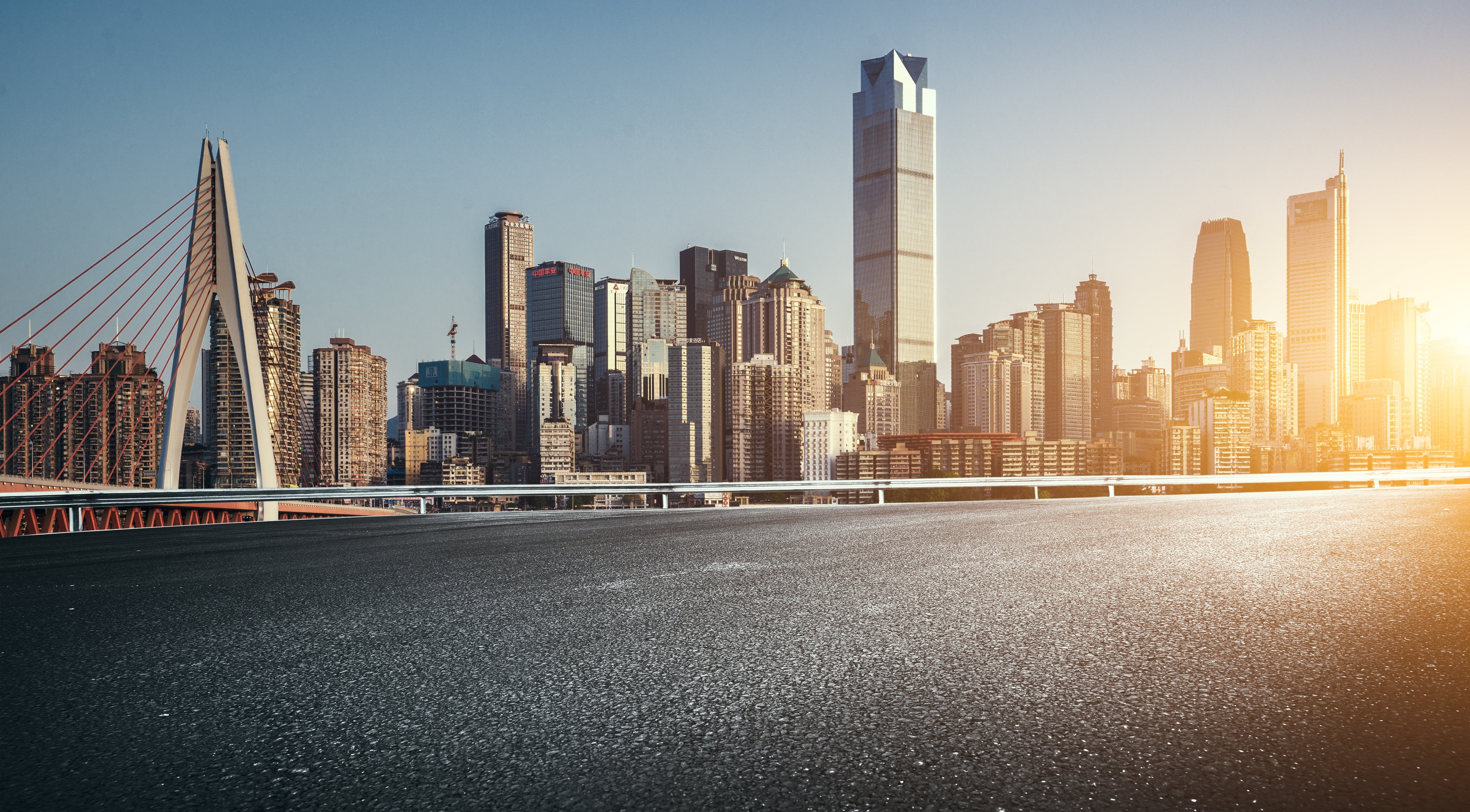 bridge, China, Chongqing, sky, cityscape, 5K, building, sunlight, skycrapers, street, city, HD Wallpaper