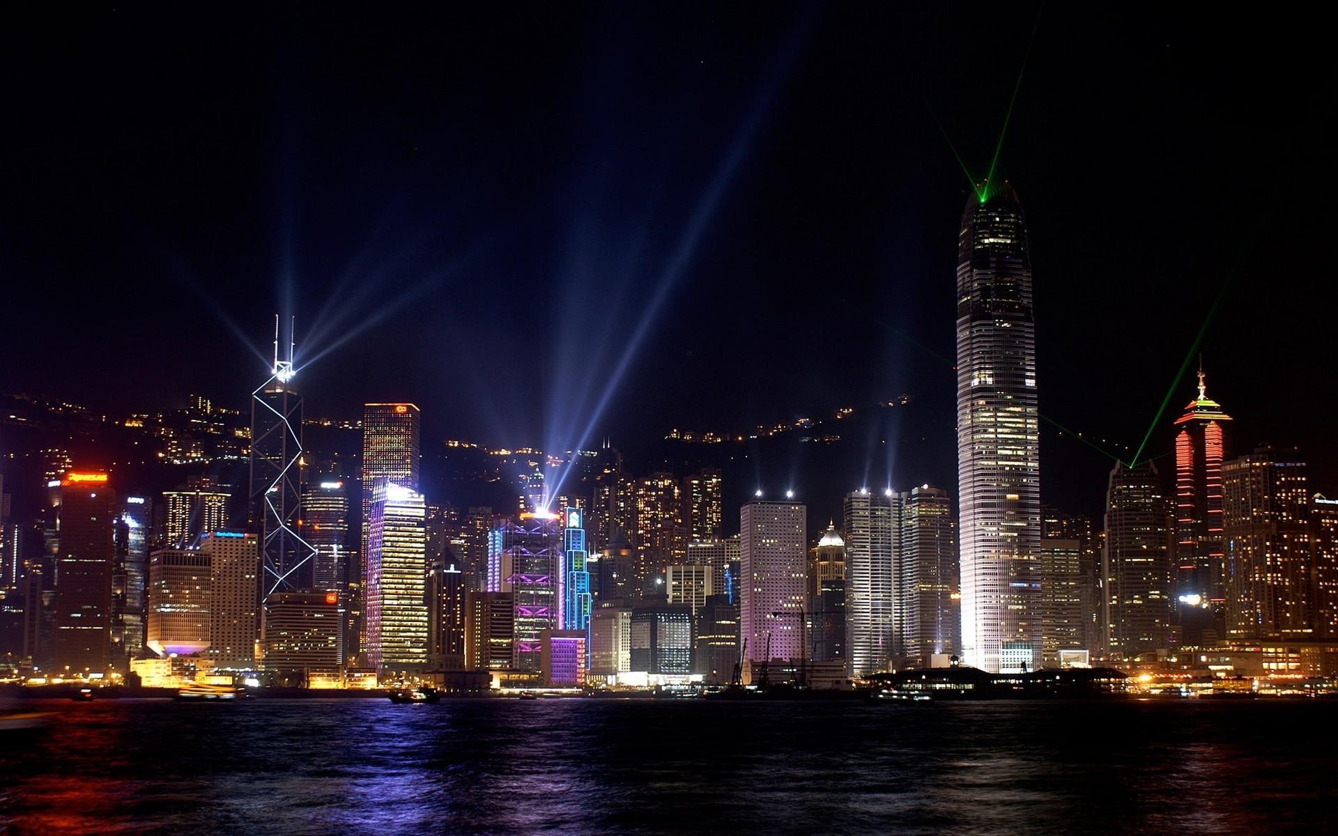 hong, entertainment, architecture, 1080P, hong kong, reflection, kong, water, modern, harbour, lights, buildings, light show, HD Wallpaper