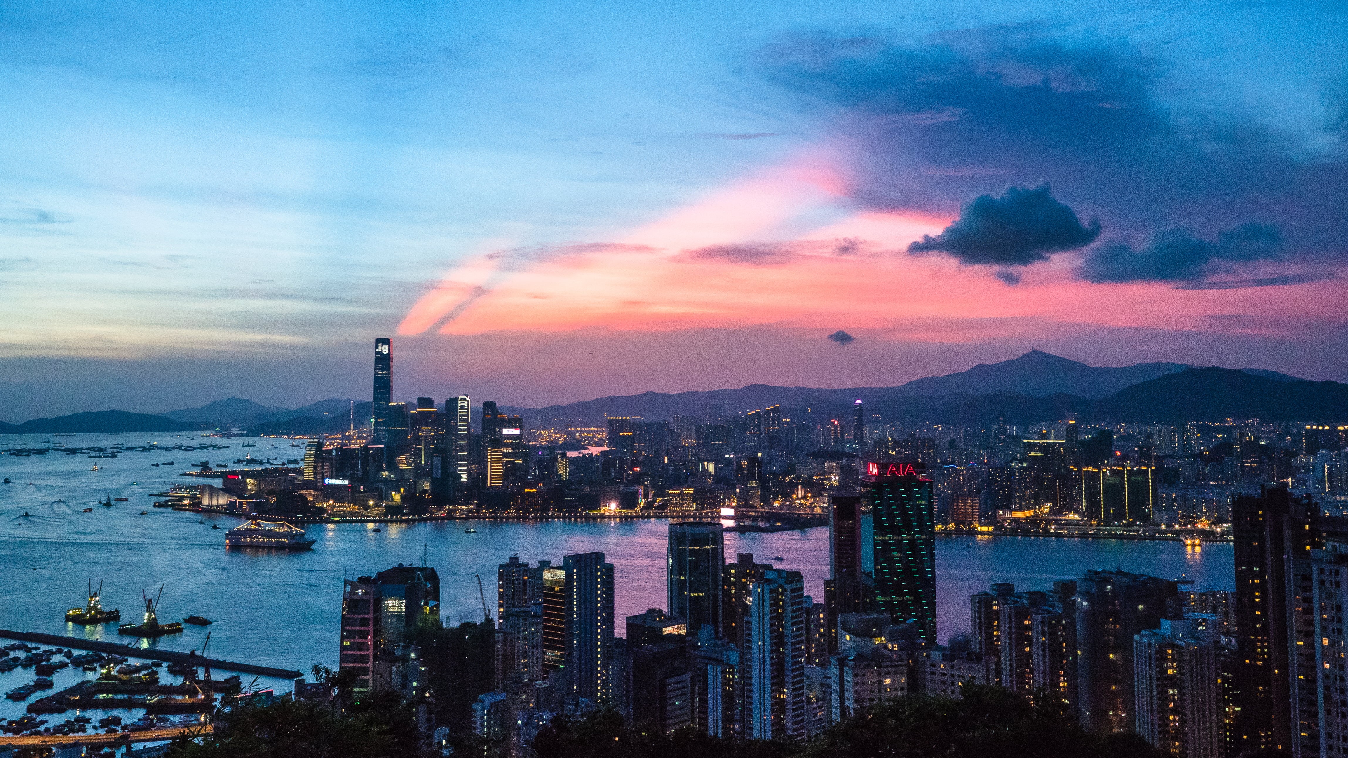 4K, magical, m43, night, skyscraper, cityscape, cloudy, Sunset, hiking, hong  kong, architecture, downtown District, beautiful, icc, sky, hong, famous Place, HD Wallpaper