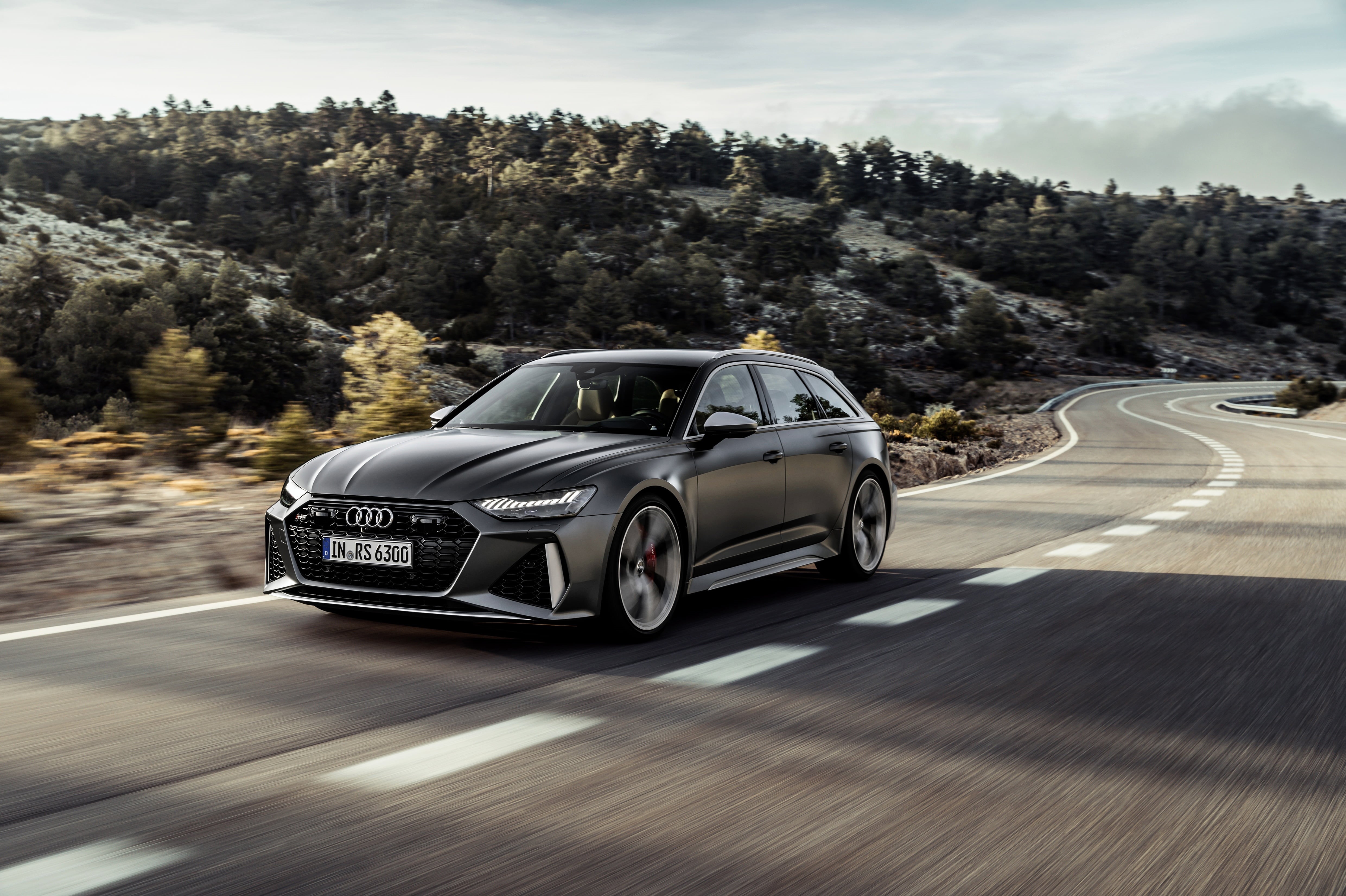 RS6 Avant, Audi, 2019, speed, 2020, 4K, RS 6, V8 Twin-Turbo, hills, trees, dark gray, universal, HD Wallpaper